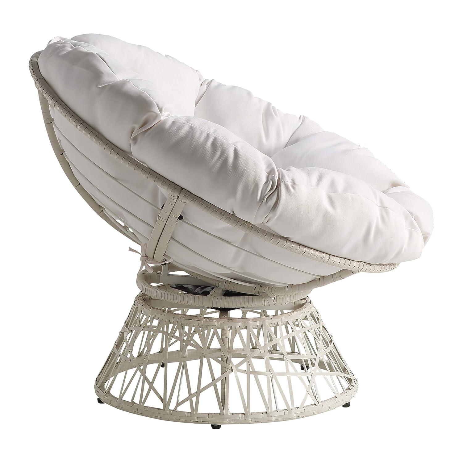 Swivel White Papasan Chair with Metal Frame and Plush Cushion