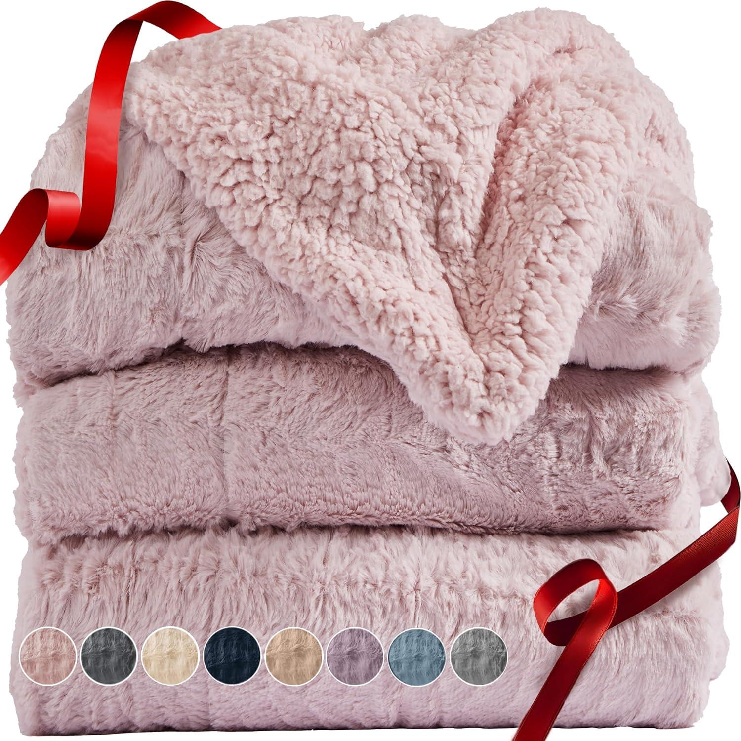 Dusty Rose Reversible Faux Fur and Sherpa Throw Blanket