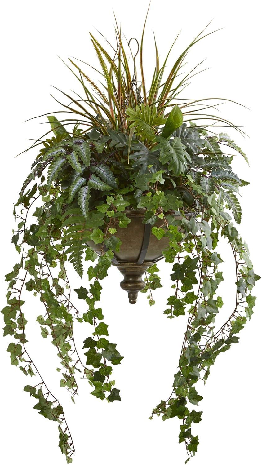 Nearly Natural 45” Ivy and Mix Greens Artificial Plant in Hanging Metal Bowl