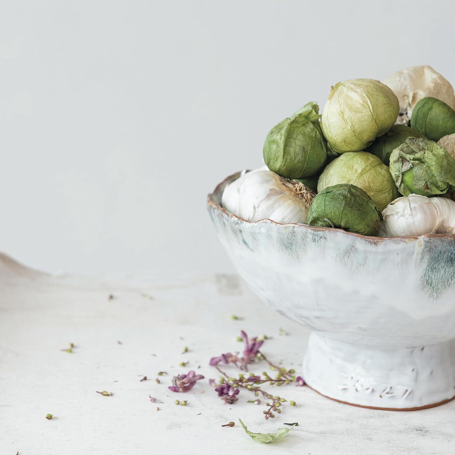 Green and Brown Speckled Stoneware Bowl with Stand
