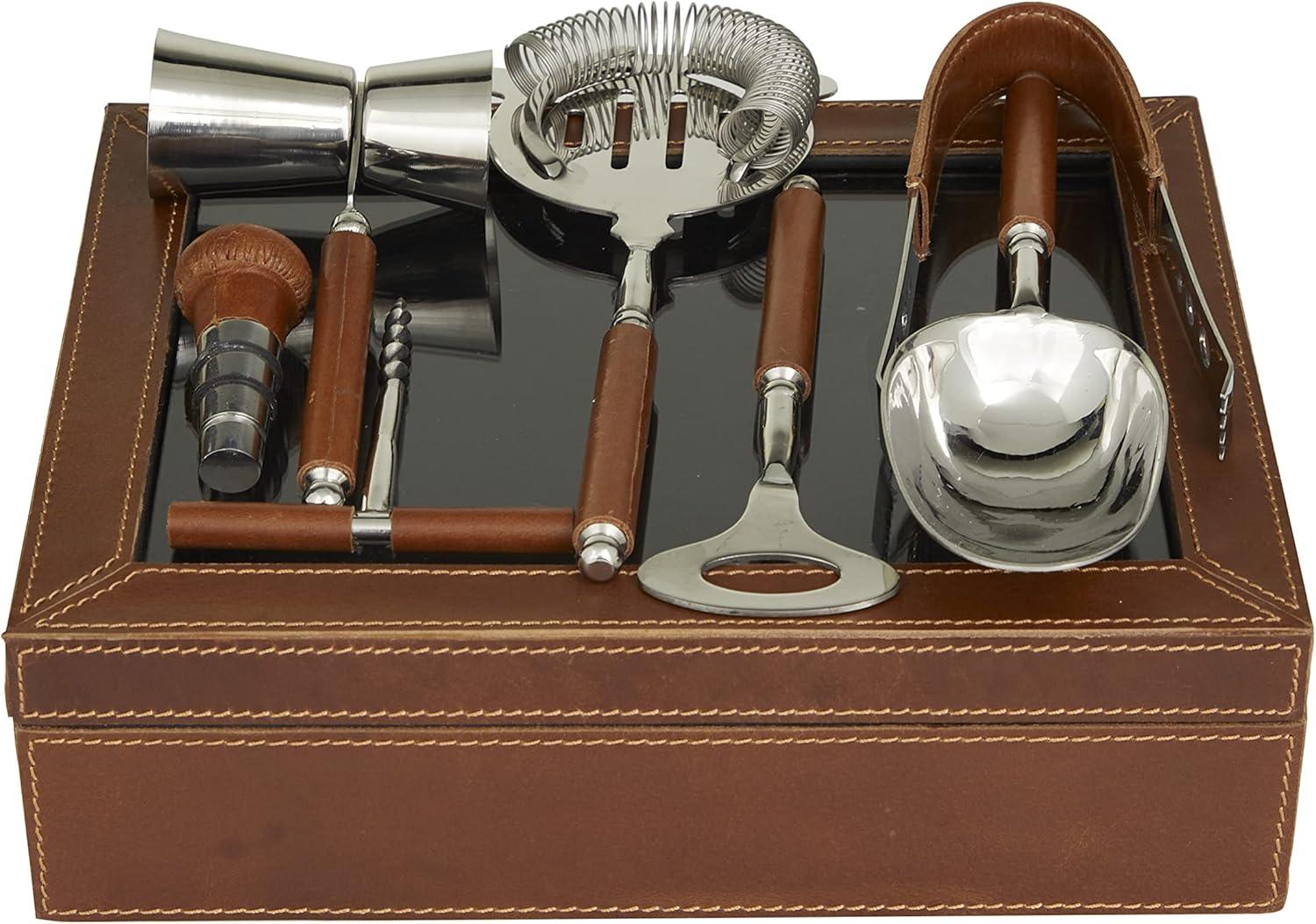 Brown Leather 7-Piece Bar Tool Set with Decorative Box