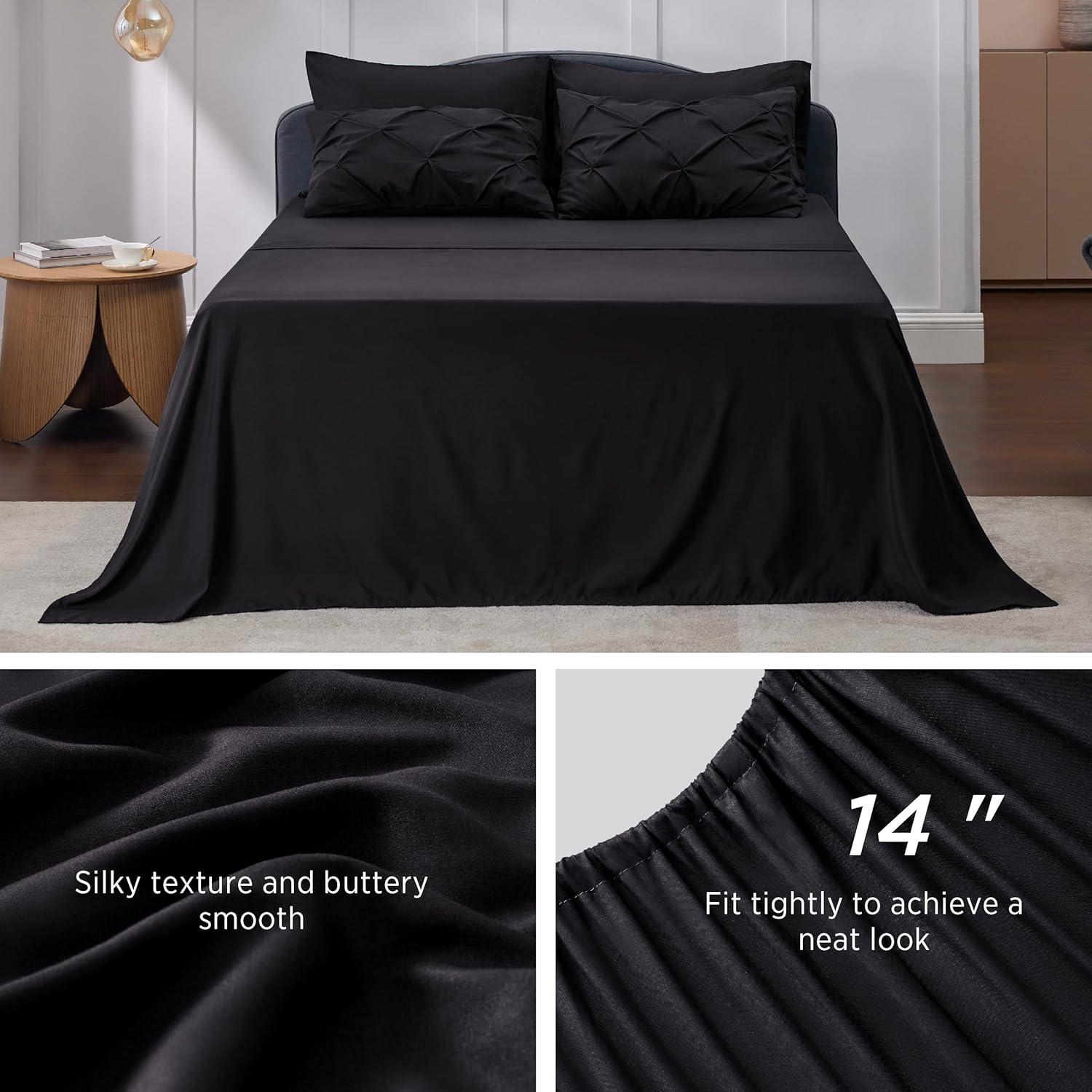 Black King Size Comforter Set - Bedding Set King 7 Pieces, Pintuck Bed in a Bag Black Bed Set with Comforter, Sheets, Pillowcases & Shams