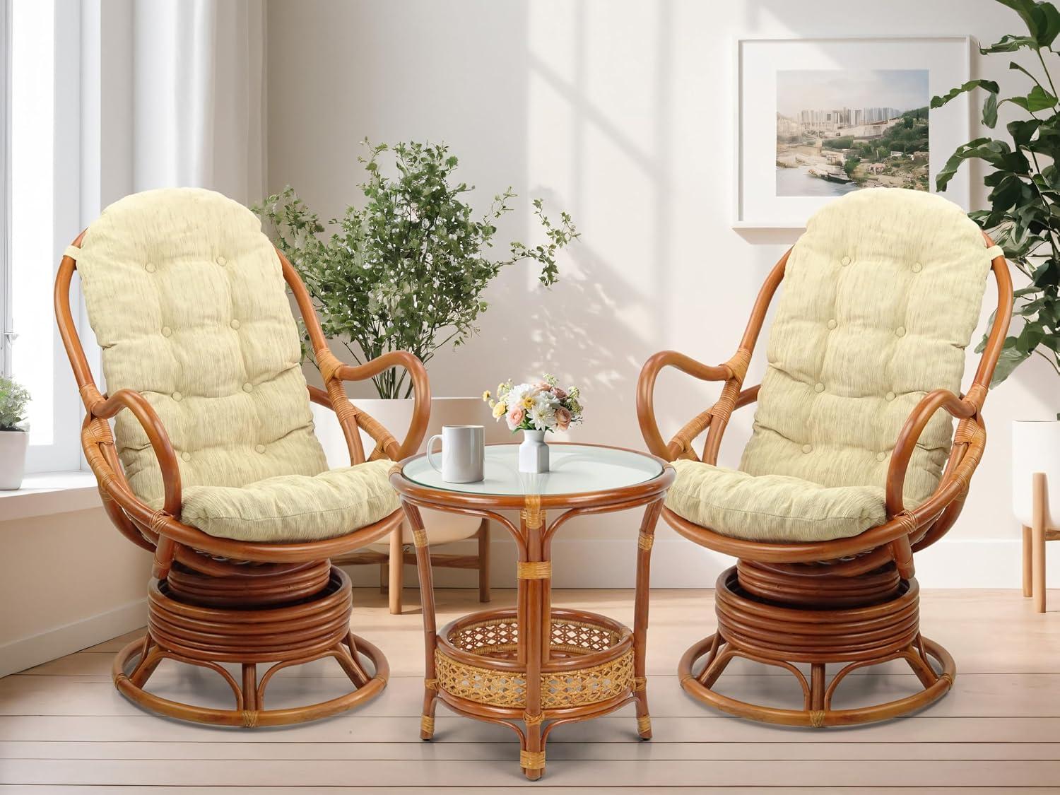 Java Lounge Swivel Rocking Chair with Cream Cushion Natural Rattan Wicker Handmade, Colonial
