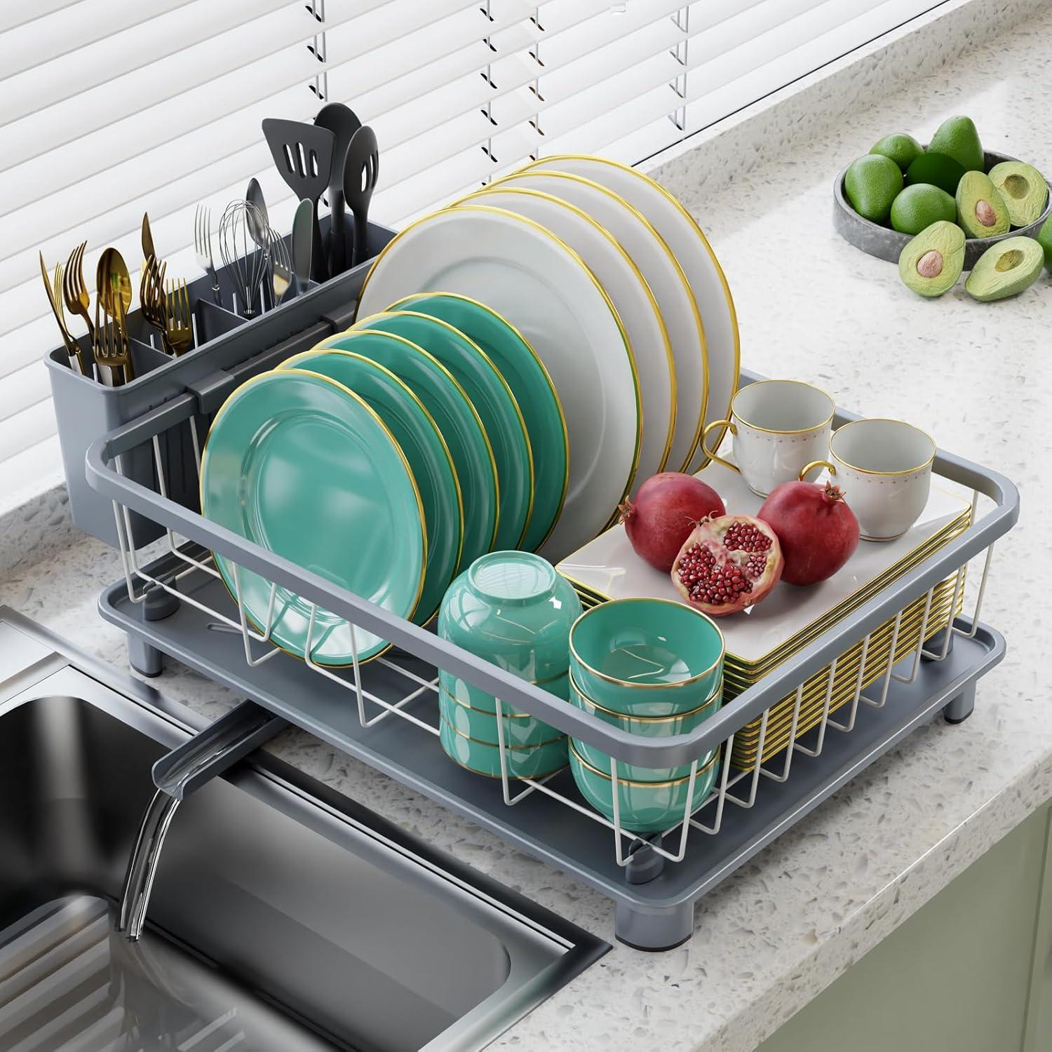 iSPECLE Dish Drying Rack with Drainboard - Compact Dish Racks for Kitchen Counter or in Sink, Small Dish Drainer with Utensil Holder and Drain Spout, Black