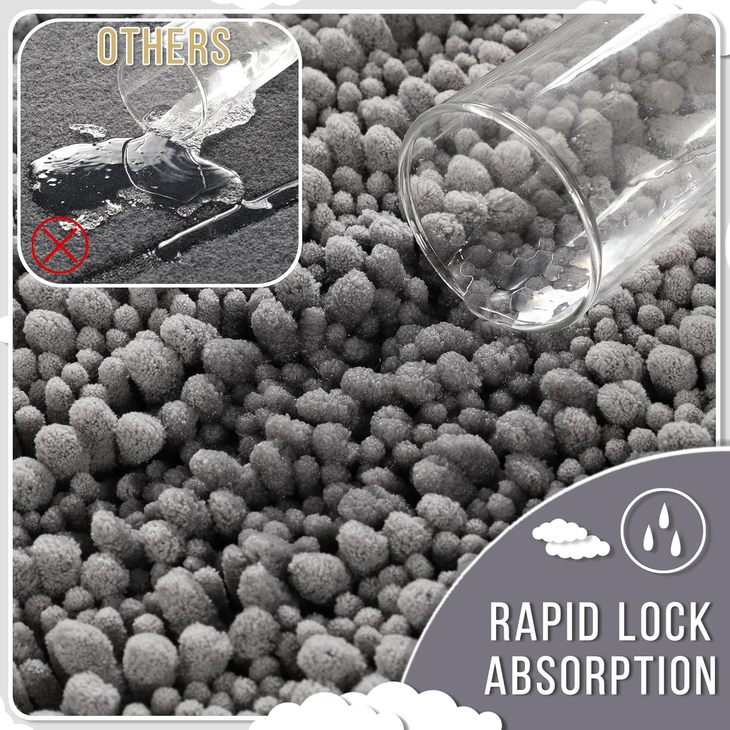 CHENHAINAN Bathroom Rug Mat, 24'' x 17'', Luxury Chenille Shaggy Bath Rugs, Extra Soft & Thick, Absorbent Water, Non-Slip, Machine Washable, Bath Mats for Bath Floor,Tub and Shower, Gray