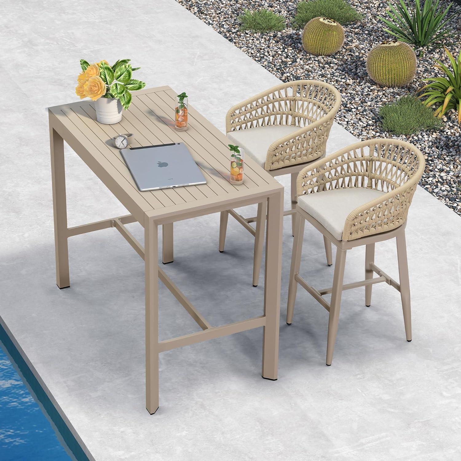 Champagne Aluminum and Rattan Bar Stools with Cushions, Set of 2