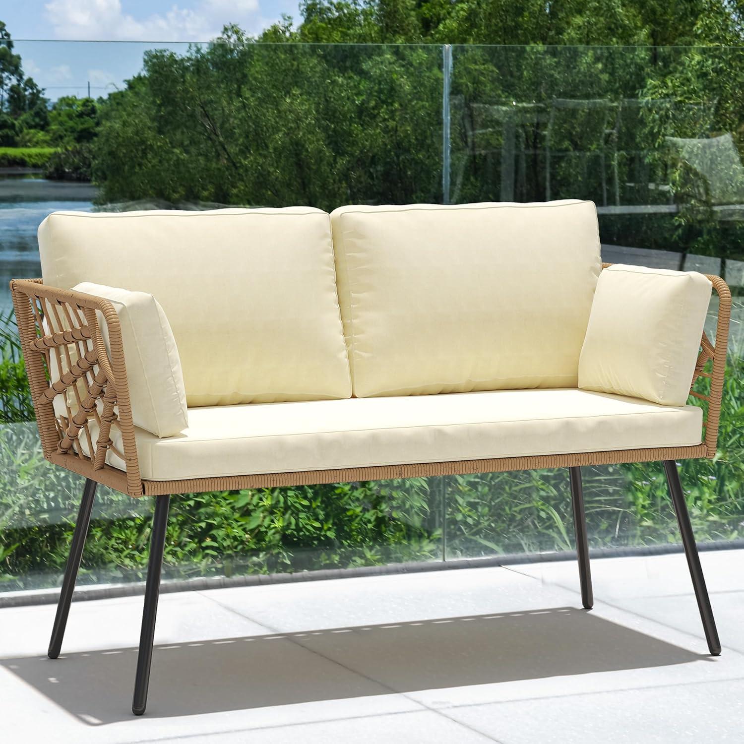 Beige Wicker and Steel Outdoor Sectional Loveseat with Cushions