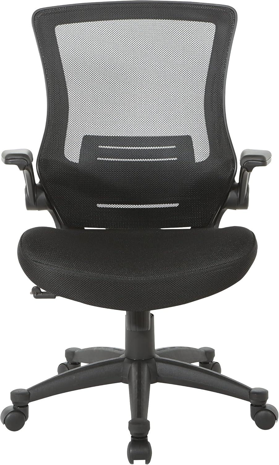 Office Star Products Screen Back Manager's Chair in Black Mesh Seat with PU Padded Flip Arms with Silver Accents