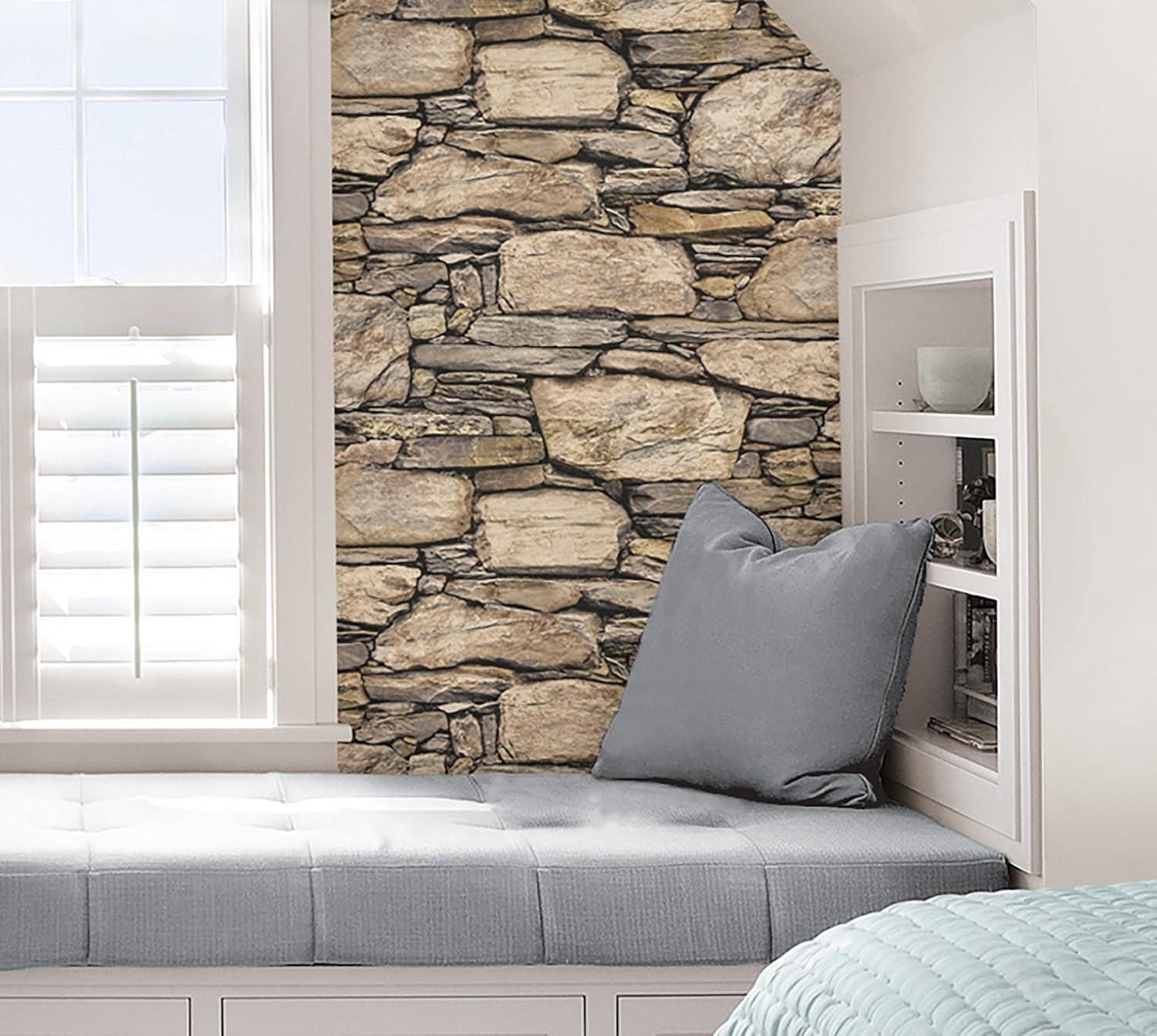 NuWallpaper Hadrian Stone Wall Vinyl Peel And Stick Wallpaper, 216-in by 20.5-in, 30.75 sq. ft.