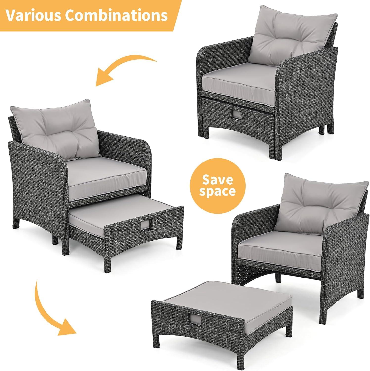 5-Piece Light Grey Wicker Outdoor Patio Set with Cushions