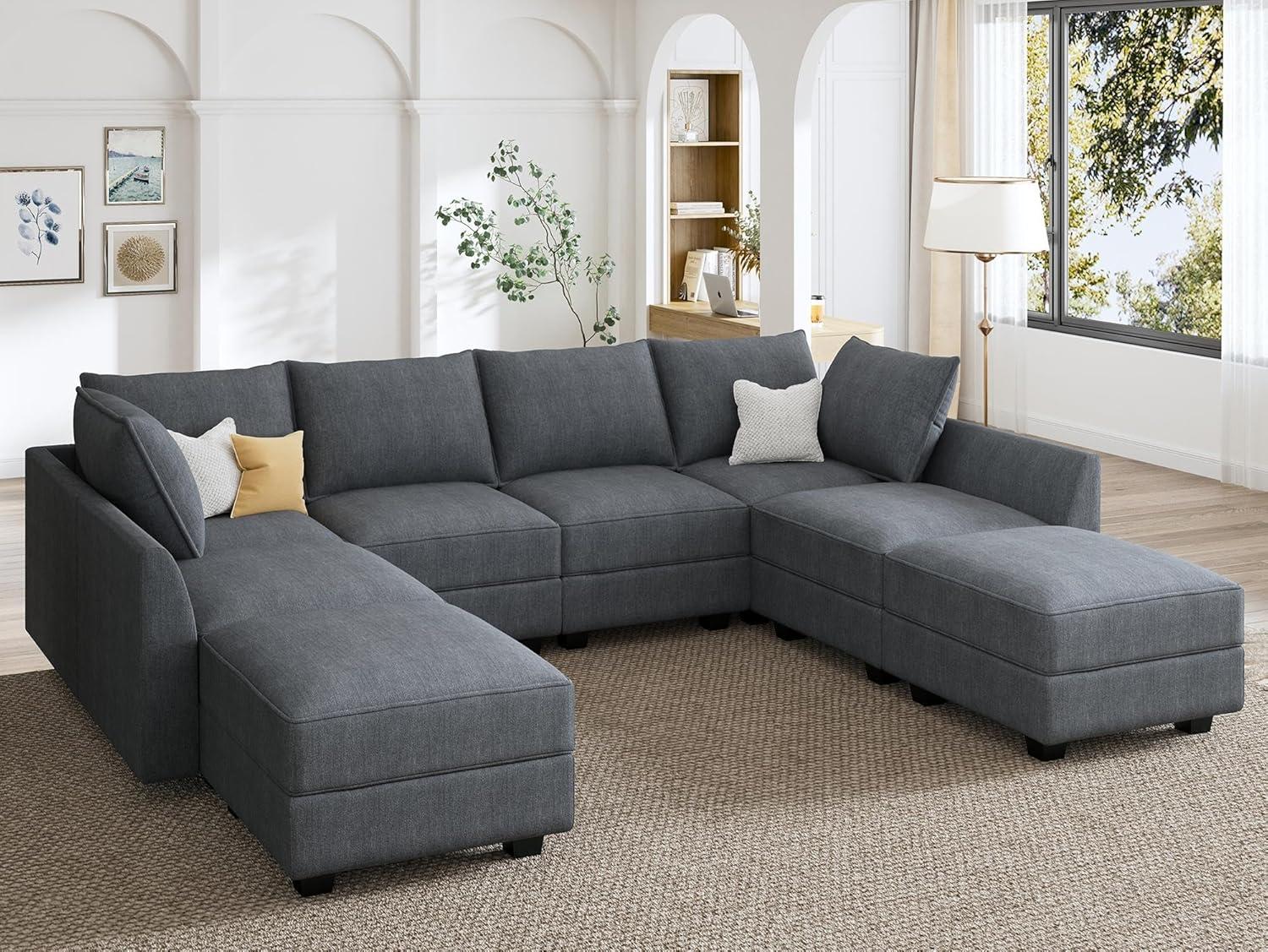 Bluish Grey Velvet Modular Sectional Sofa with Storage and Ottoman