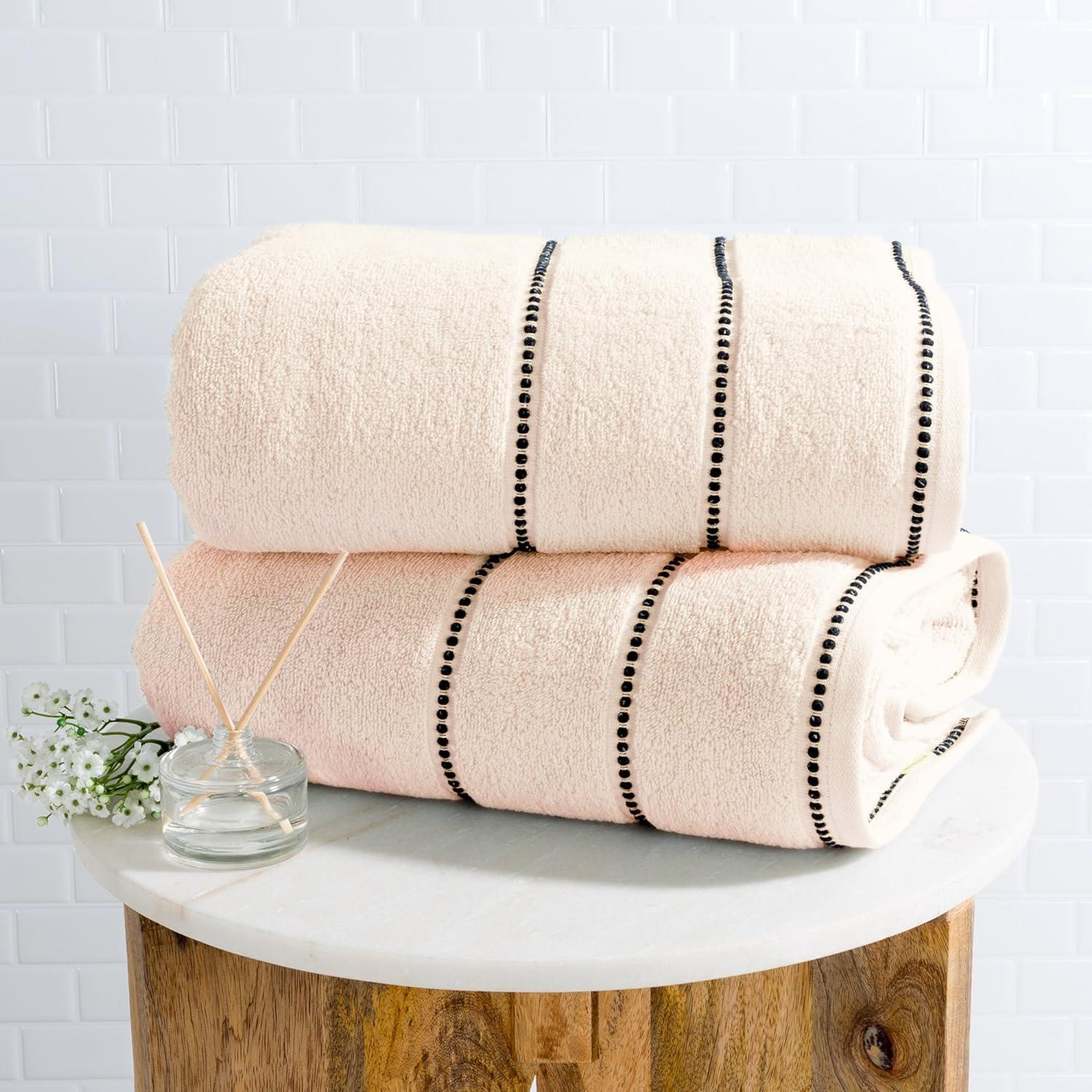 Ivory Oversized Cotton Bath Towels with Beaded Border, Set of 2