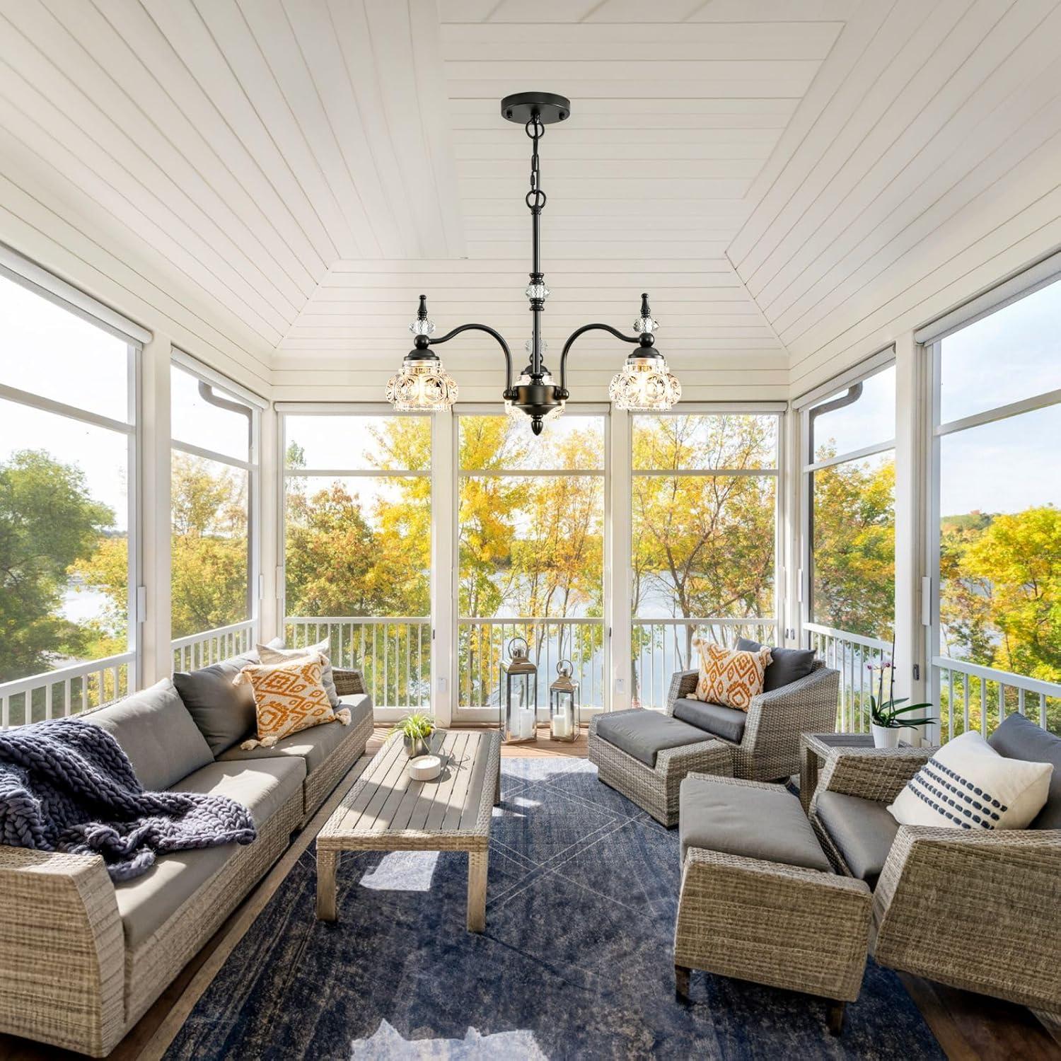 Black Chandelier, 3-Light Crystal Chandeliers for Dining Room, Farmhouse Dining Room Light Fixture, Dining Room Light Fixtures Over Table, Modern Hanging Pendant Lights for Bedroom, Kitchen Island