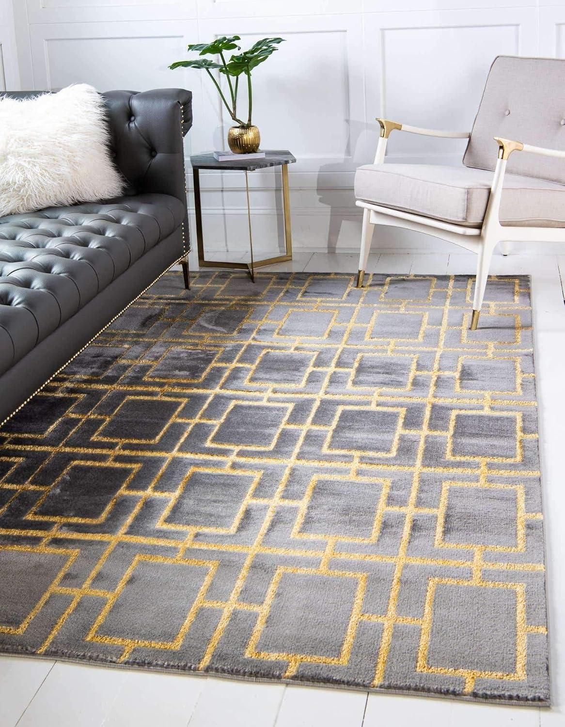 Gray and Gold Geometric 10' x 14' Stain-Resistant Area Rug