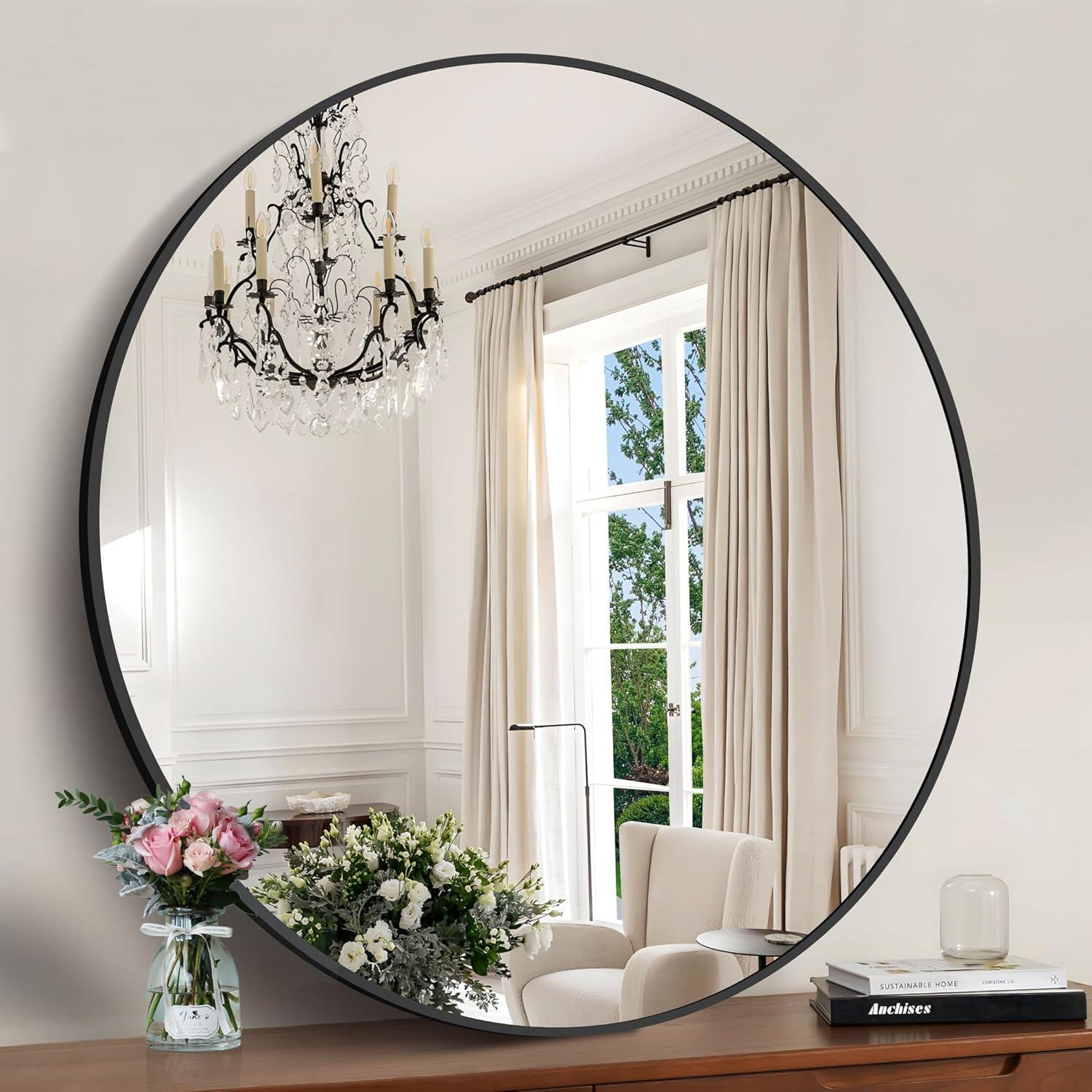 Large Black Round Aluminum Frame Wall Mirror