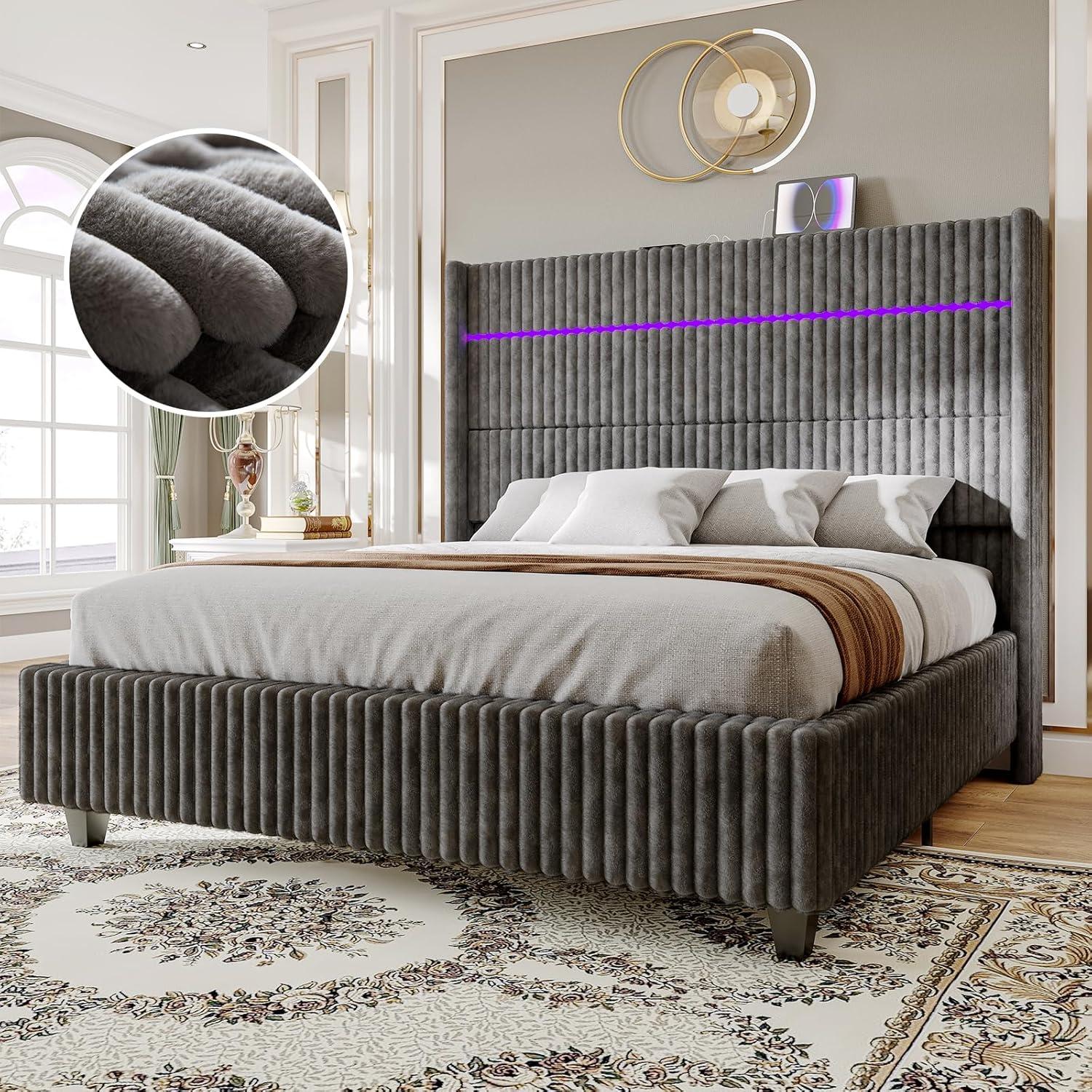 Ivy Bronx LED Bed Frame, Corduroy Upholstered Platform with 60" Tall Headboard & Charging Station