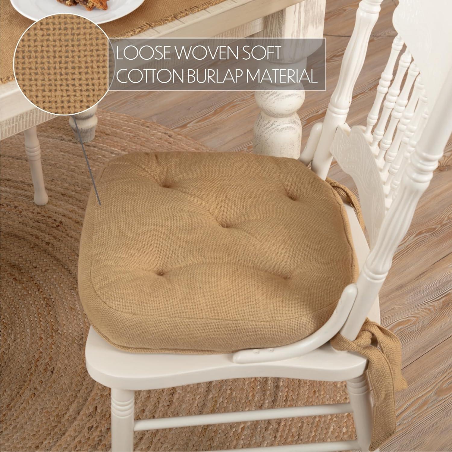 VHC Brands Burlap Chair Pad Dining Room, Kitchen Seat Cushion 15x15 Features Ties in Natural Tan