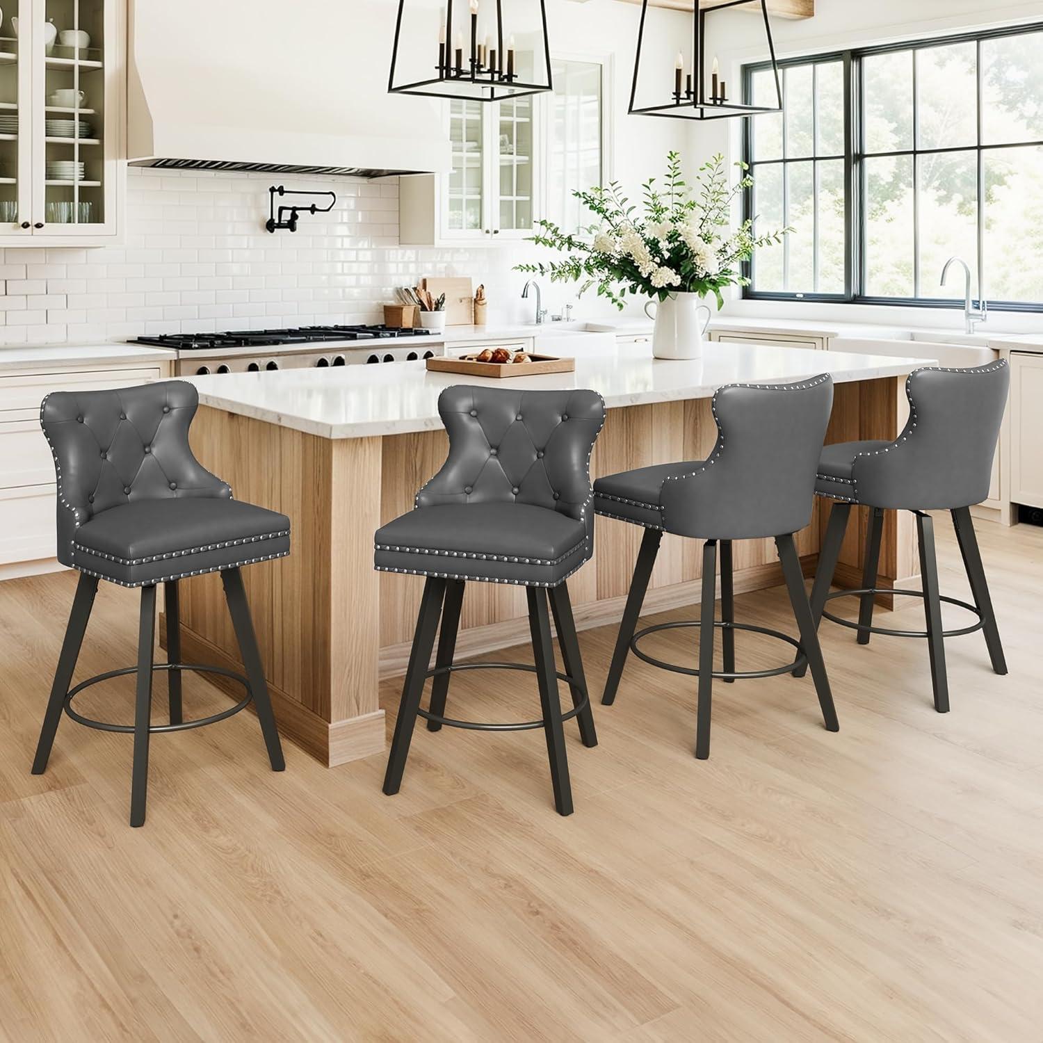 Dark Gray Faux Leather Swivel Counter Stools with Wood Legs, Set of 3