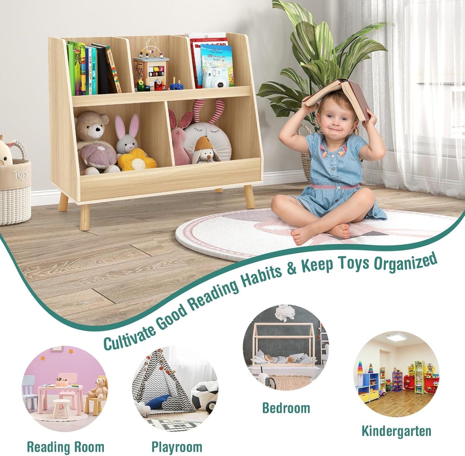 Costway 5-Cube Kids Bookshelf and Toy Organizer Wooden Storage Bookcase with Wood Legs Beige