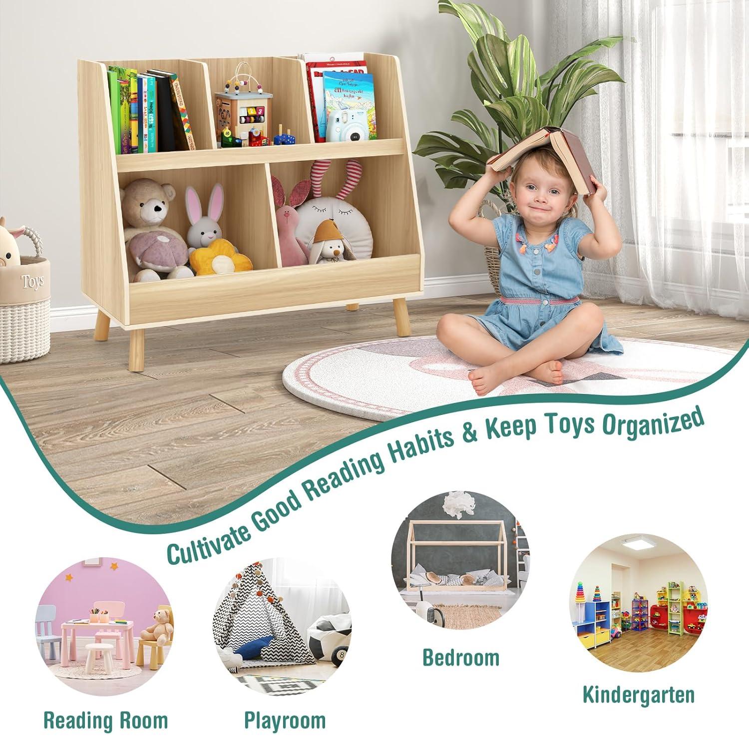 Costway 5-Cube Kids Bookshelf and Toy Organizer Wooden Storage Bookcase with Wood Legs Beige