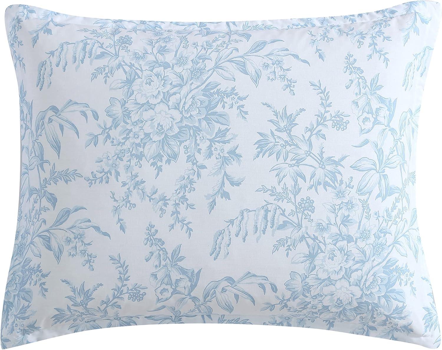 Laura Ashley 3pc King Bedford Comforter Bedding Set Blue: Cotton Reversible, OEKO-TEX Certified, Floral Design