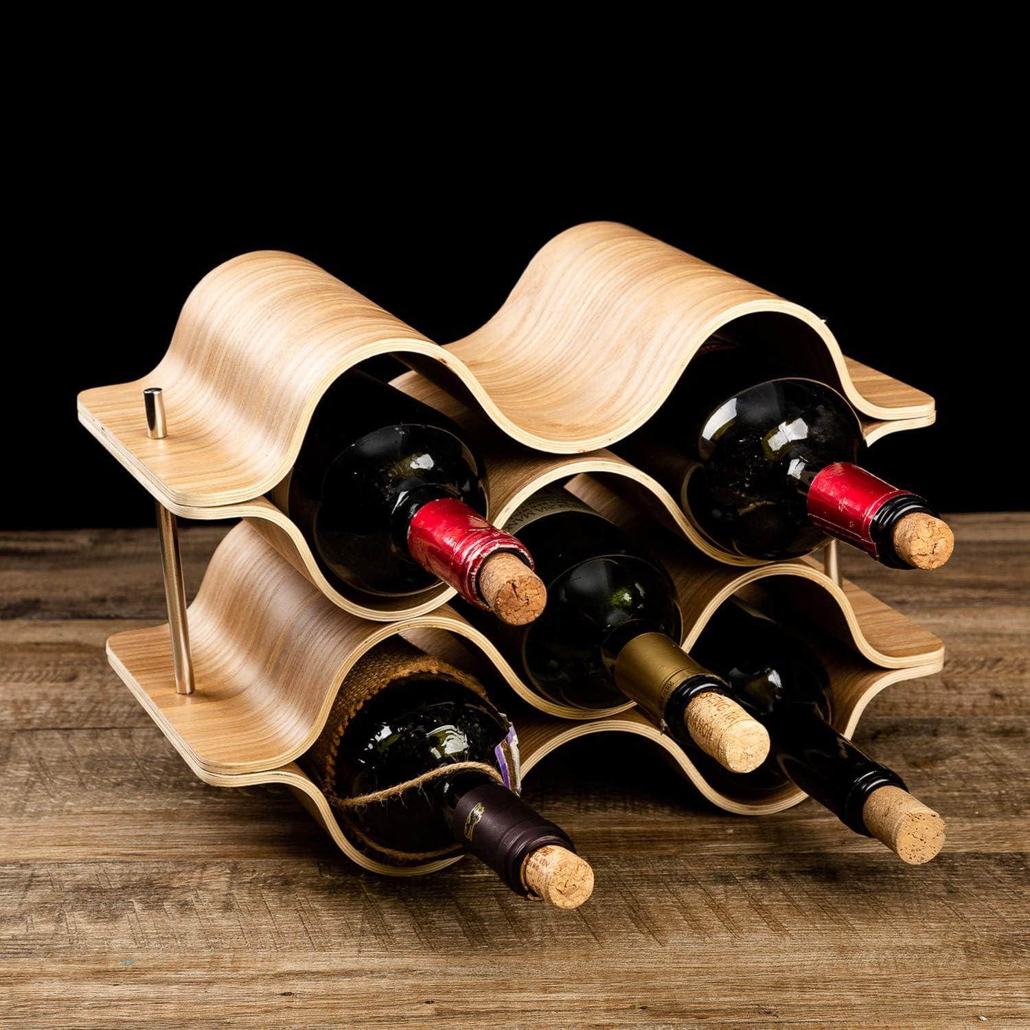 Natural Wood 6-Bottle Wave Desktop Wine Rack with Chrome Connectors