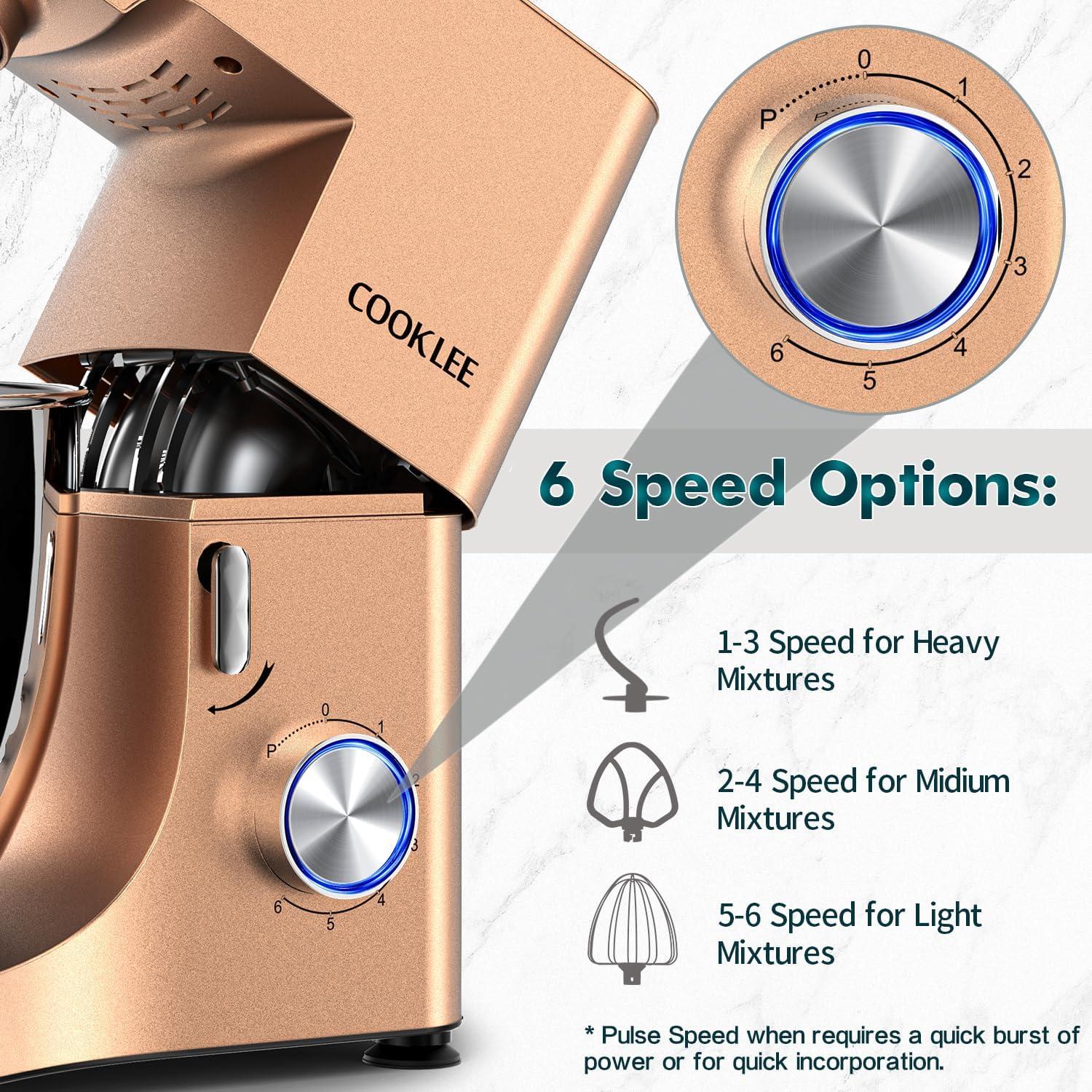 COOKLEE Stand Mixer, 9.5 Qt. 660W 10-Speed Electric Kitchen Mixer with Dishwasher-Safe Dough Hooks, Flat Beaters, Wire Whip & Pouring Shield Attachments for Most Home Cooks, Champagne