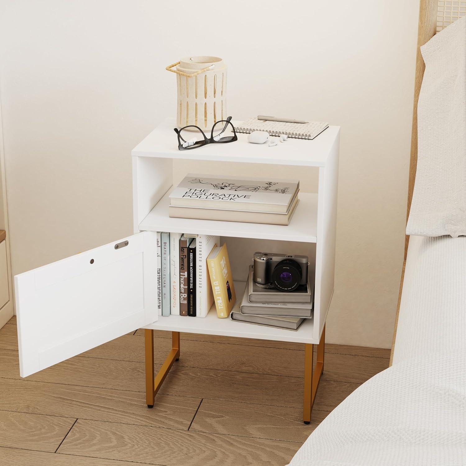 White and Gold Modern Rattan Nightstand with Drawer