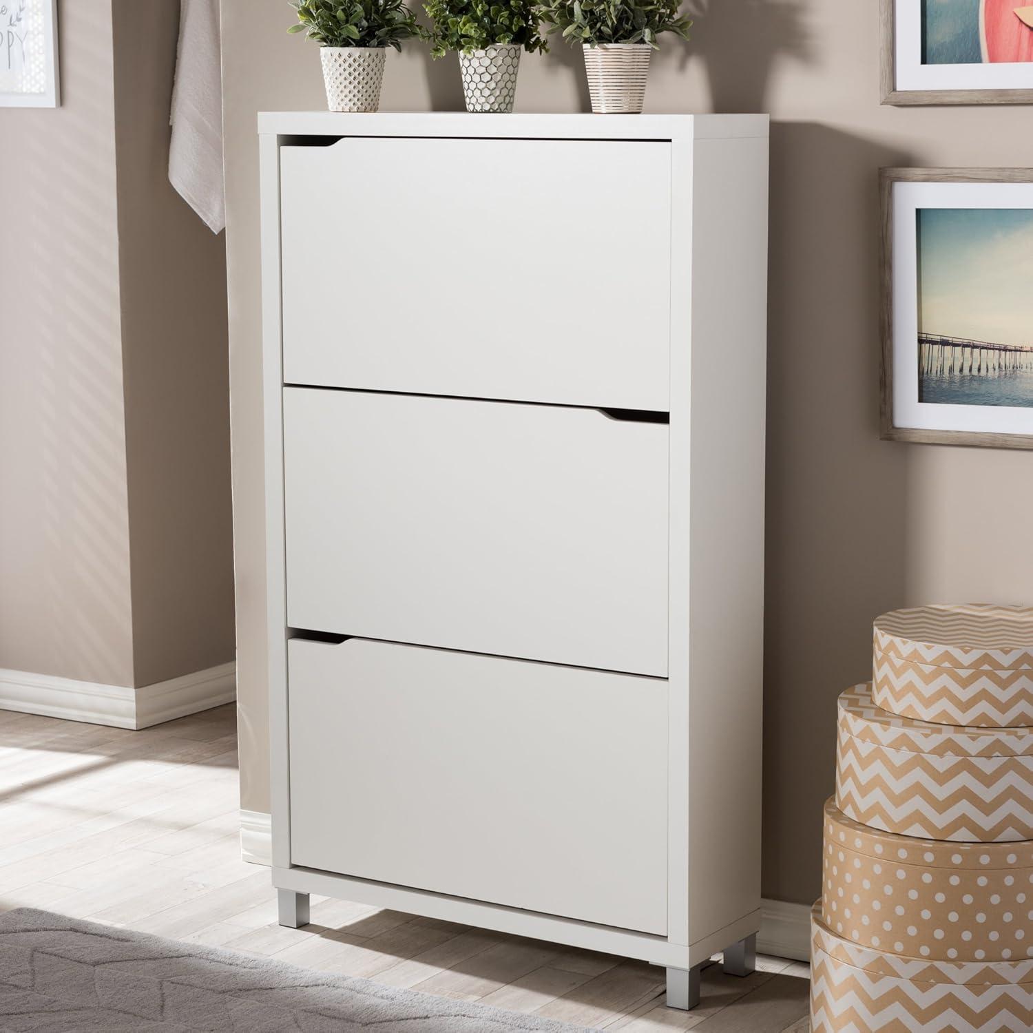 Simms 3 Drawer Modern Shoe Cabinet White - Baxton Studio: Entryway Organizer, Holds 18 Pairs