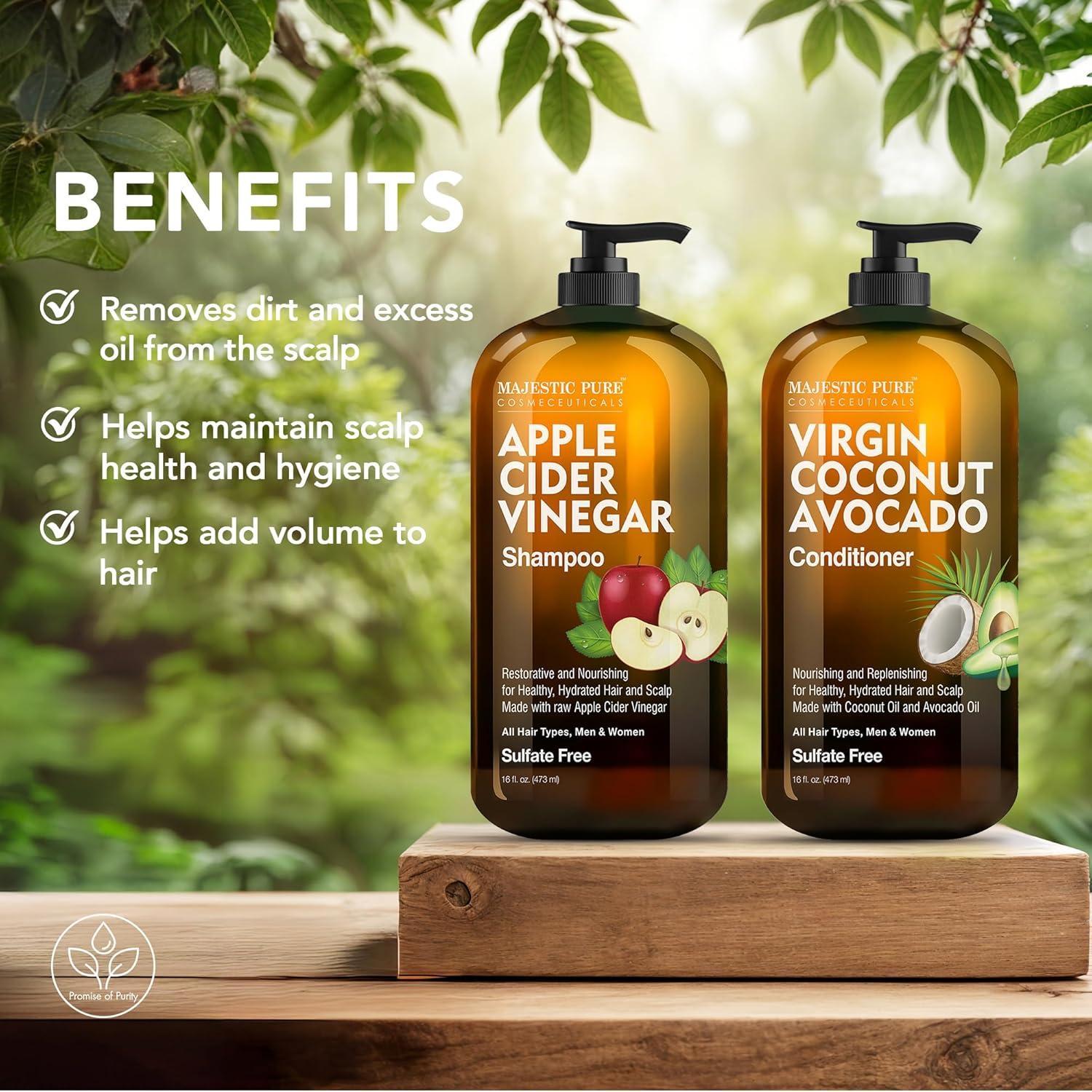 Majestic Pure Apple Cider Vinegar Shampoo & Avocado Coconut Conditioner Set - 16 Fl Oz Each