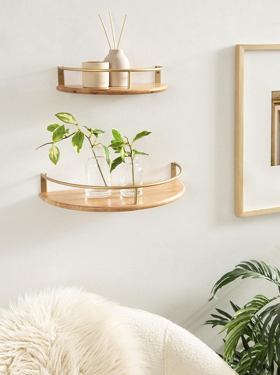 Kate and Laurel Camryn Half Circle Wood Floating Shelf, 2 Piece, Natural and Gold