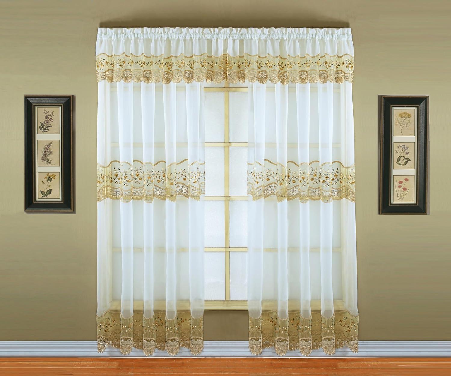 Ecru and Gold Floral Embroidered Sheer Valance 14" x 58"