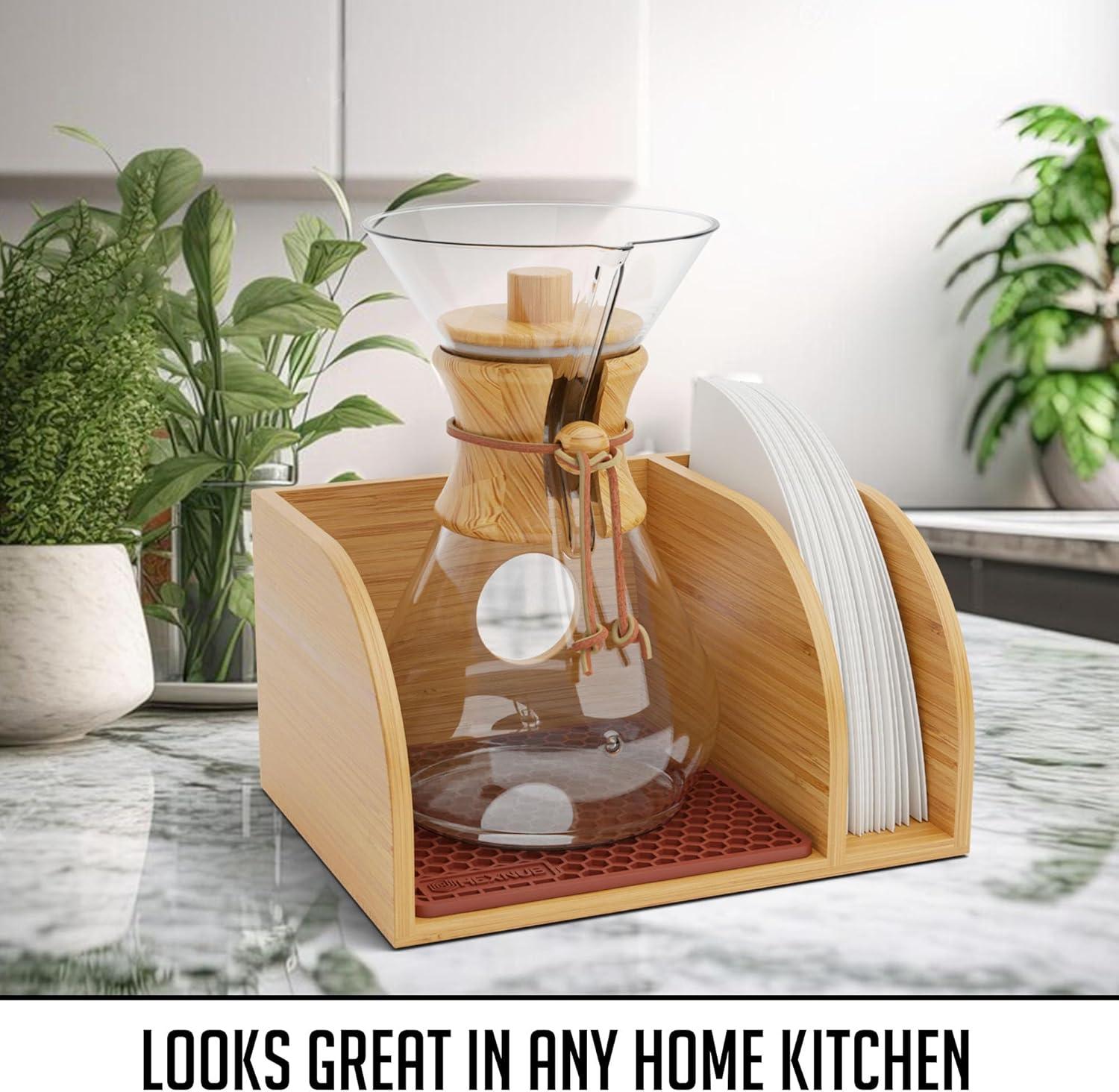 HEXNUB Bamboo Caddy for Chemex, Bodum, Cosori Pour Over Coffee Makers - Cork Mat