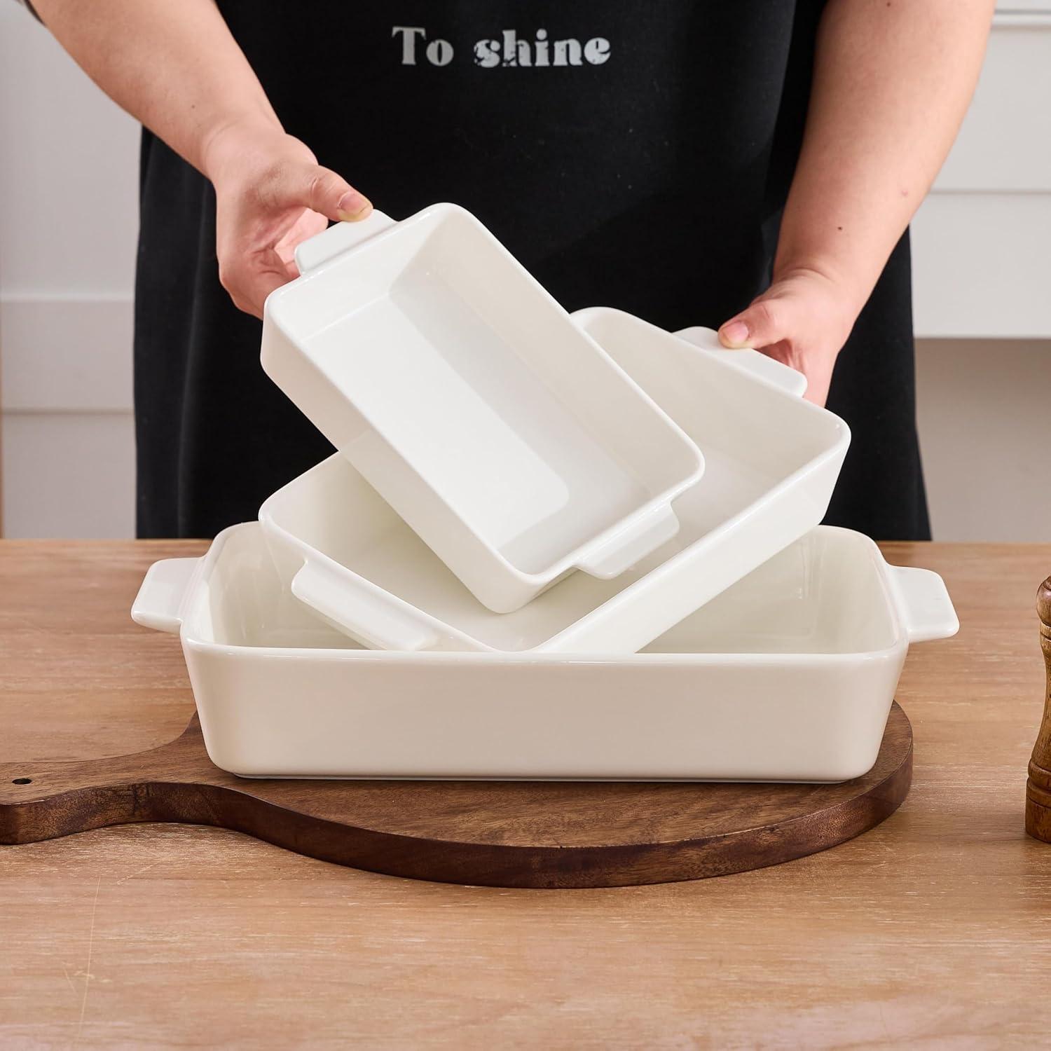 Baking Dish for Oven Casserole Dishes Bakeware Set With Ramekin Ceramic Lasagna Pan 9×12.8 Inch Large Deep Baking Dishes Rectangular Non-Stick Baking Pans for Kitchen Baking and Roasting White