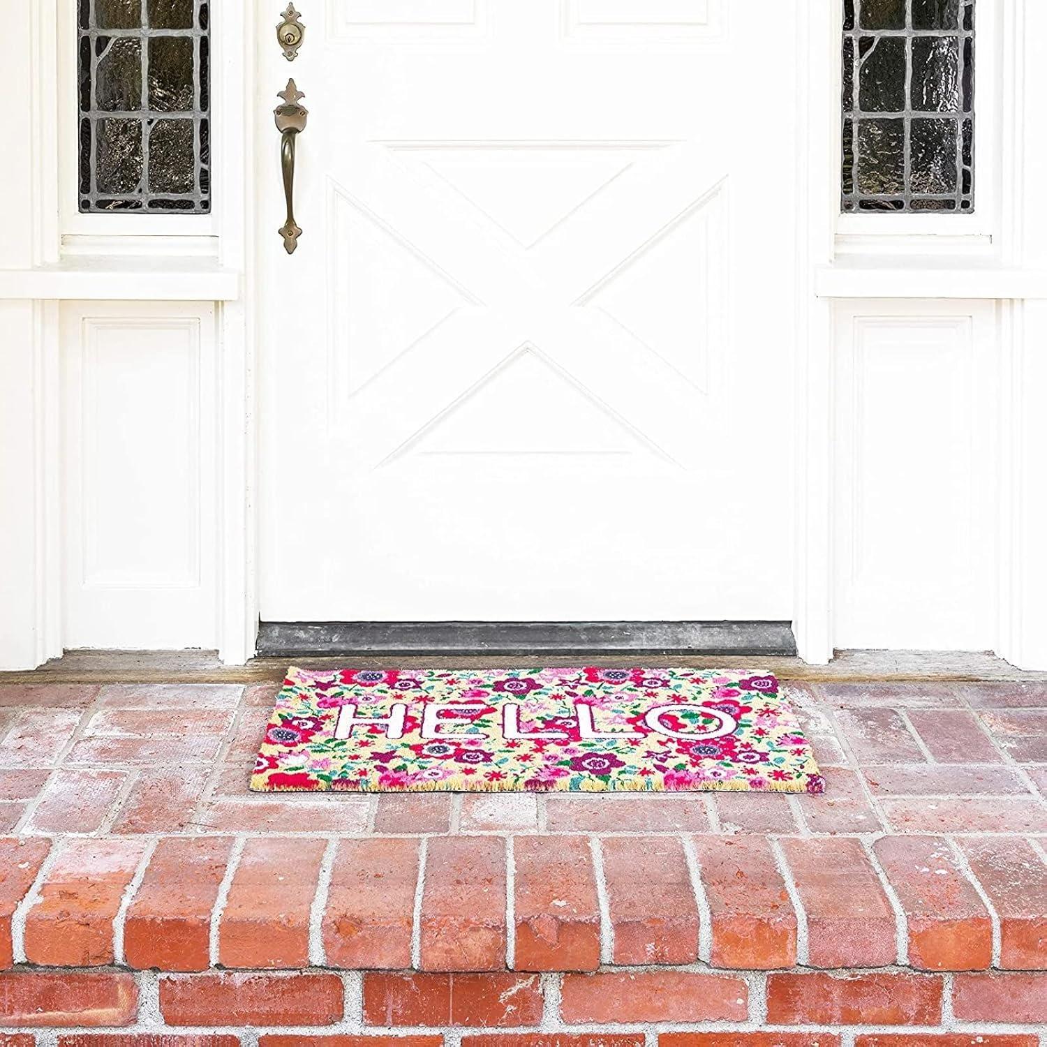 Juvale Natural Spring "Hello" Floral Coir Doormat for Front Door, 17 x 30 Inches, Ideal for Door Entrance and Patio
