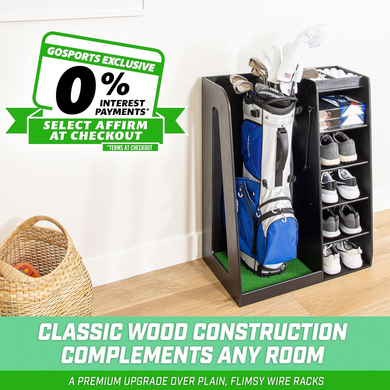 GoSports Premium Wooden Freestanding Golf Bag Organizer and Storage Rack