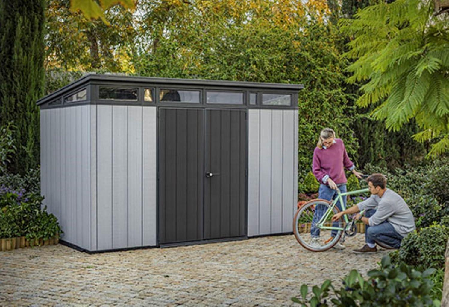 Keter Artisan 11x7 ft. Durable Resin Outdoor Storage Shed With Heavy Duty Floor and Locking Door, Grey