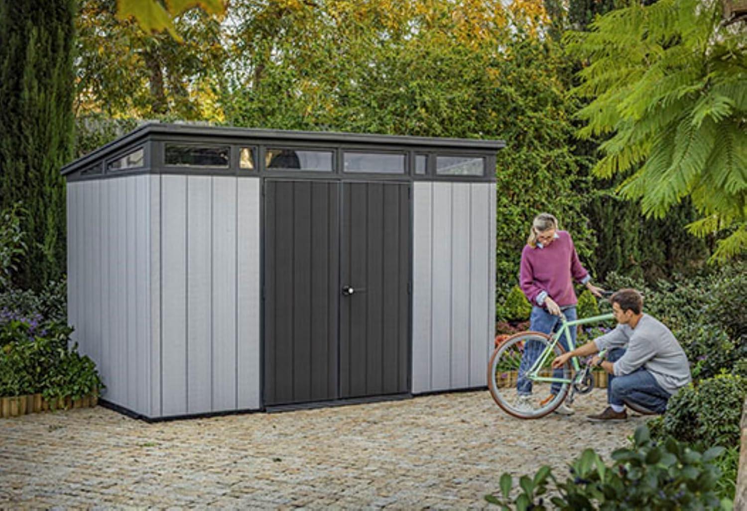 Keter Keter Artisan 11x7 ft. Modern Durable Resin Outdoor Storage Shed With Floor and Double Doors for Garden Patio Furniture and Tools, Grey