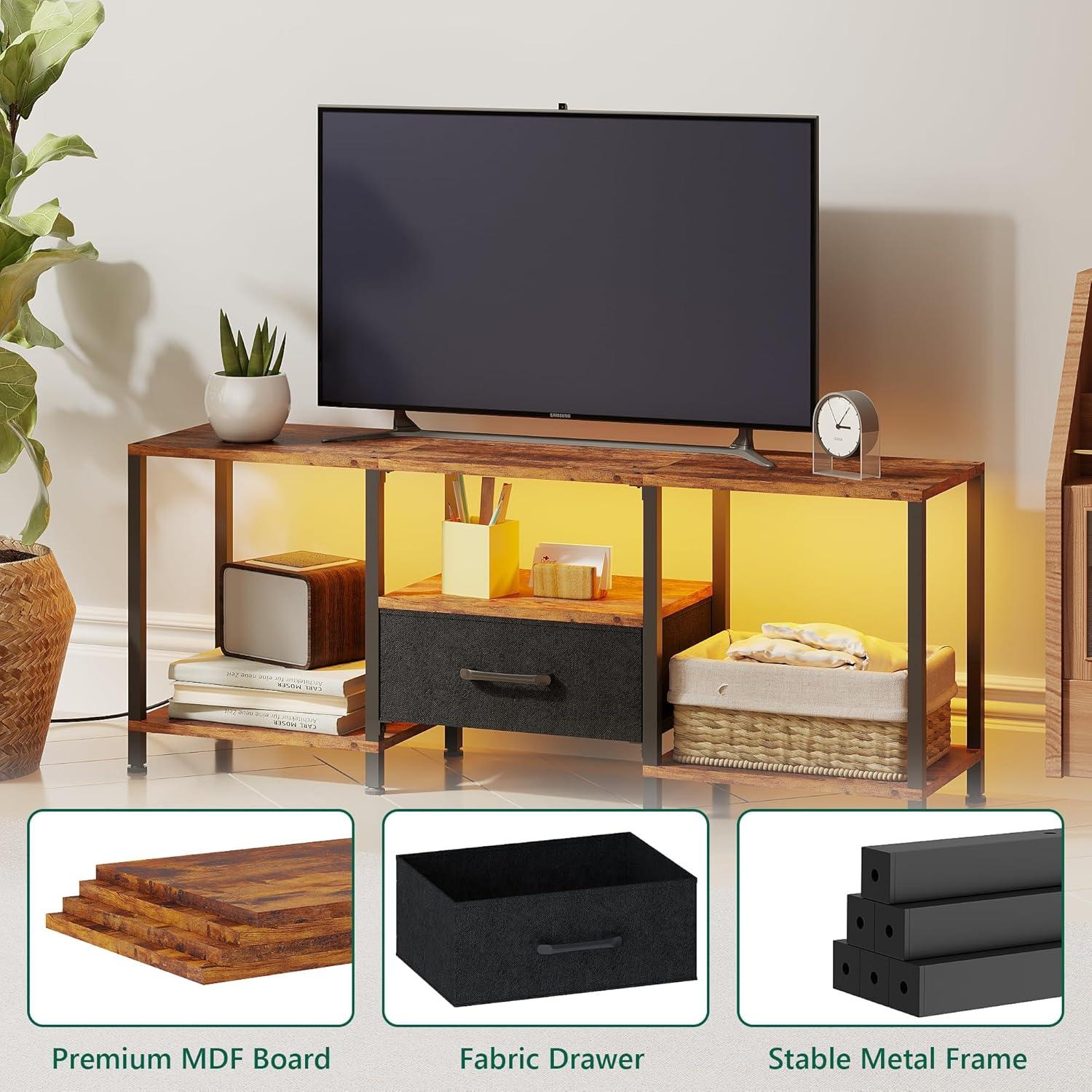 TV Stand with LED Lights, Entertainment Center with Open Shelves and Fabric Drawer, Media Console for 55 Inch TV, Television Stands, Living Room Furniture, Bedroom, Rustic Brown