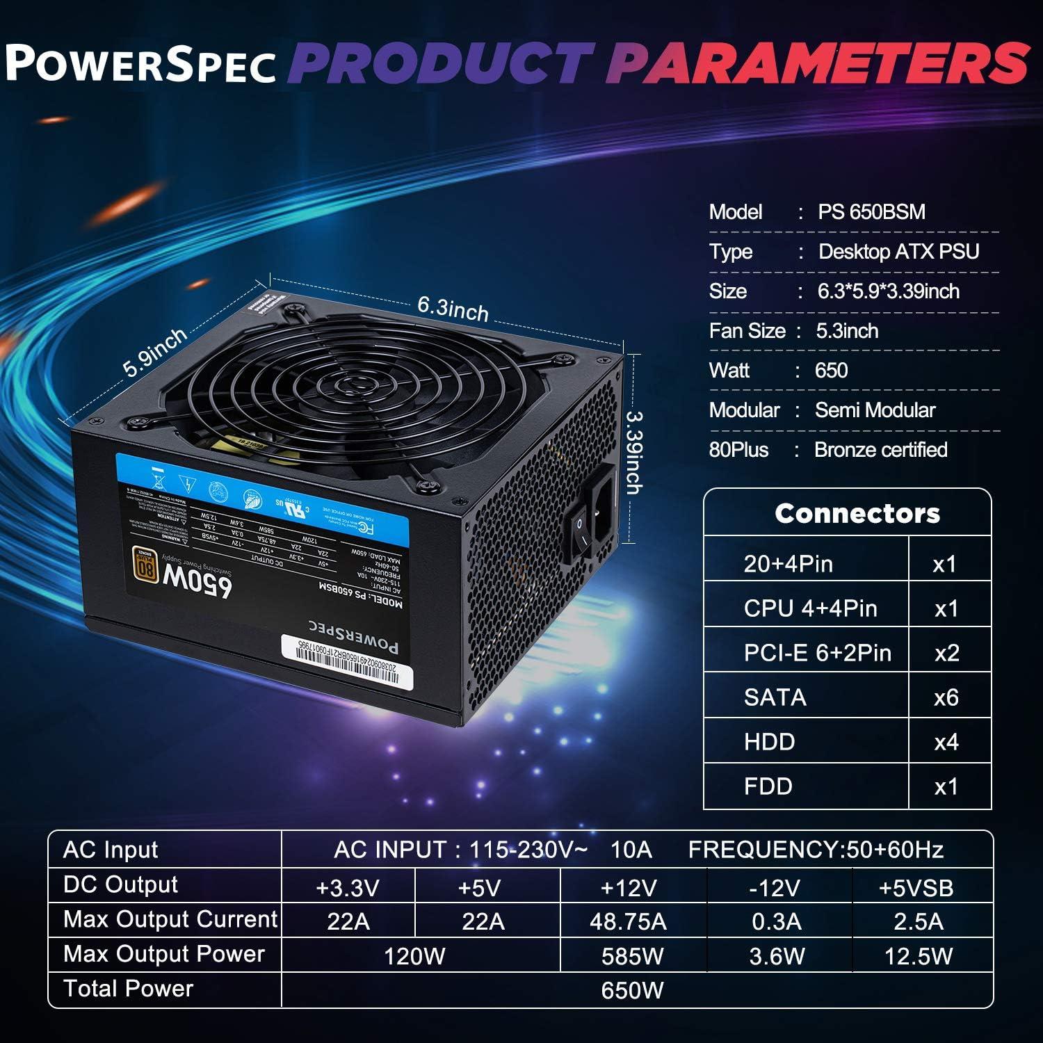 PowerSpec 650W Power Supply Semi Modular 80 Plus Bronze Certified ATX PSU Active PFC SLI Crossfire Ready Gaming PC Computer Power Supplies, PS 650BSM(White Edition)