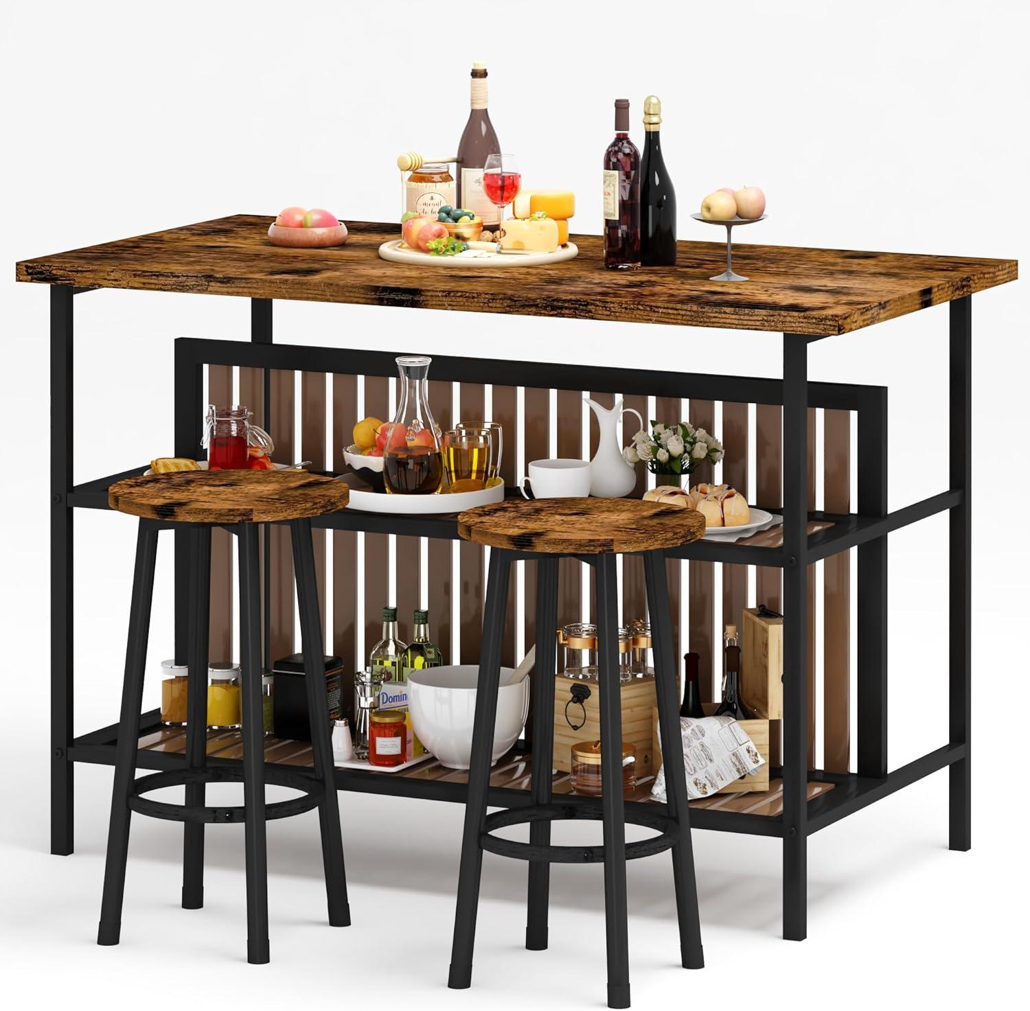 DKLGG Kitchen Island with Storage, 3 Piece Dining Table Set with 2 Tier Storage Shelves, Bar Table with Barstool, Sturdy Island Table with Chairs for Restaurant, Living Room