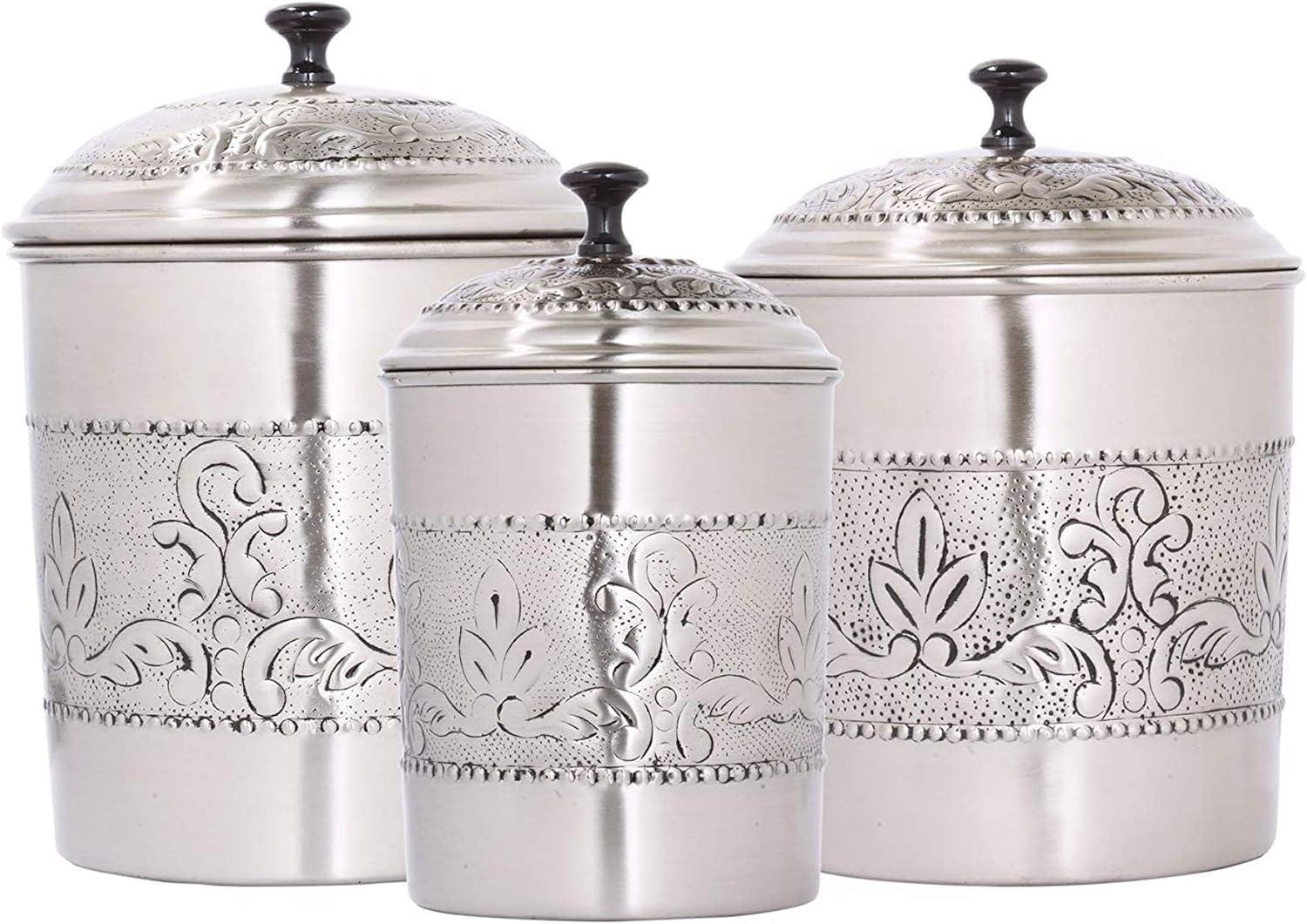 Antique Pewter Embossed Stainless Steel 3-Piece Canister Set