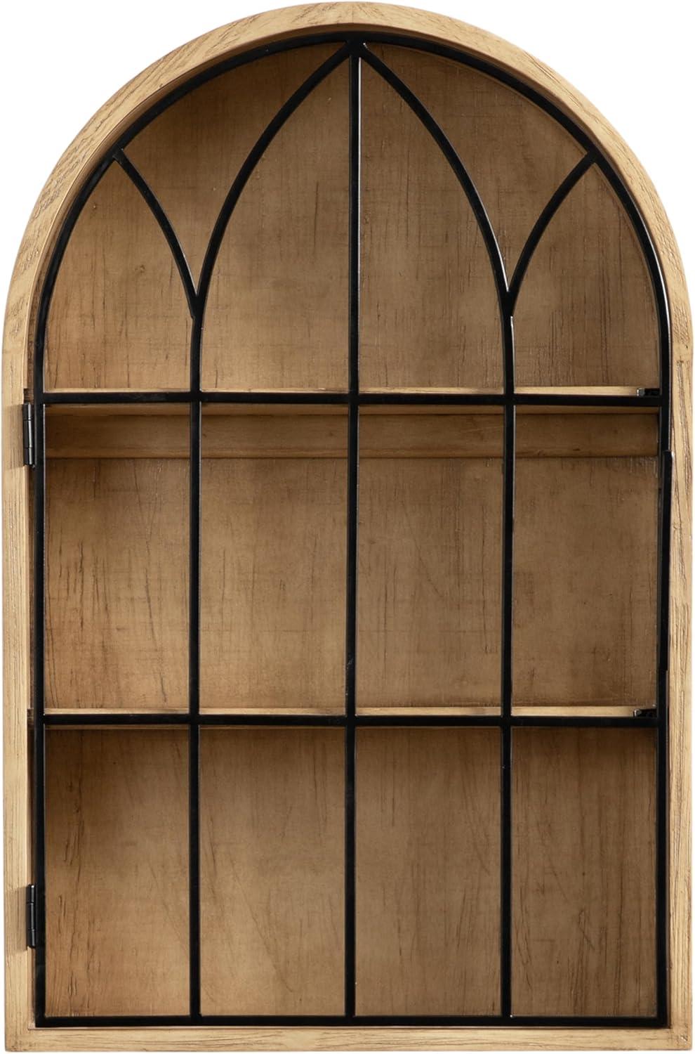 Natural Wood and Black Arched Wall Cabinet with Metal Door