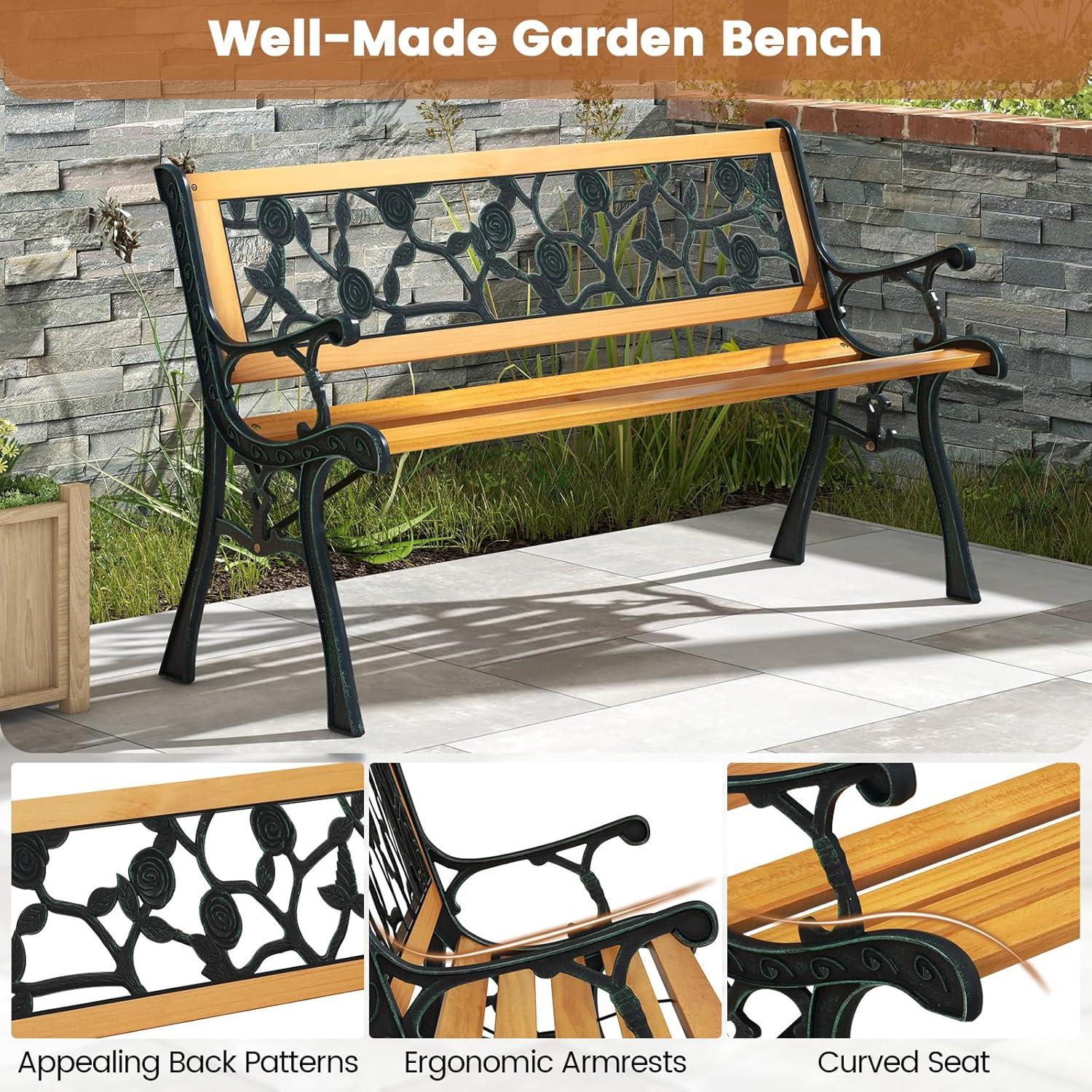 Tangkula Garden Cast Iron Bench Porch Path Loveseat Hardwood Chair for Patio Park