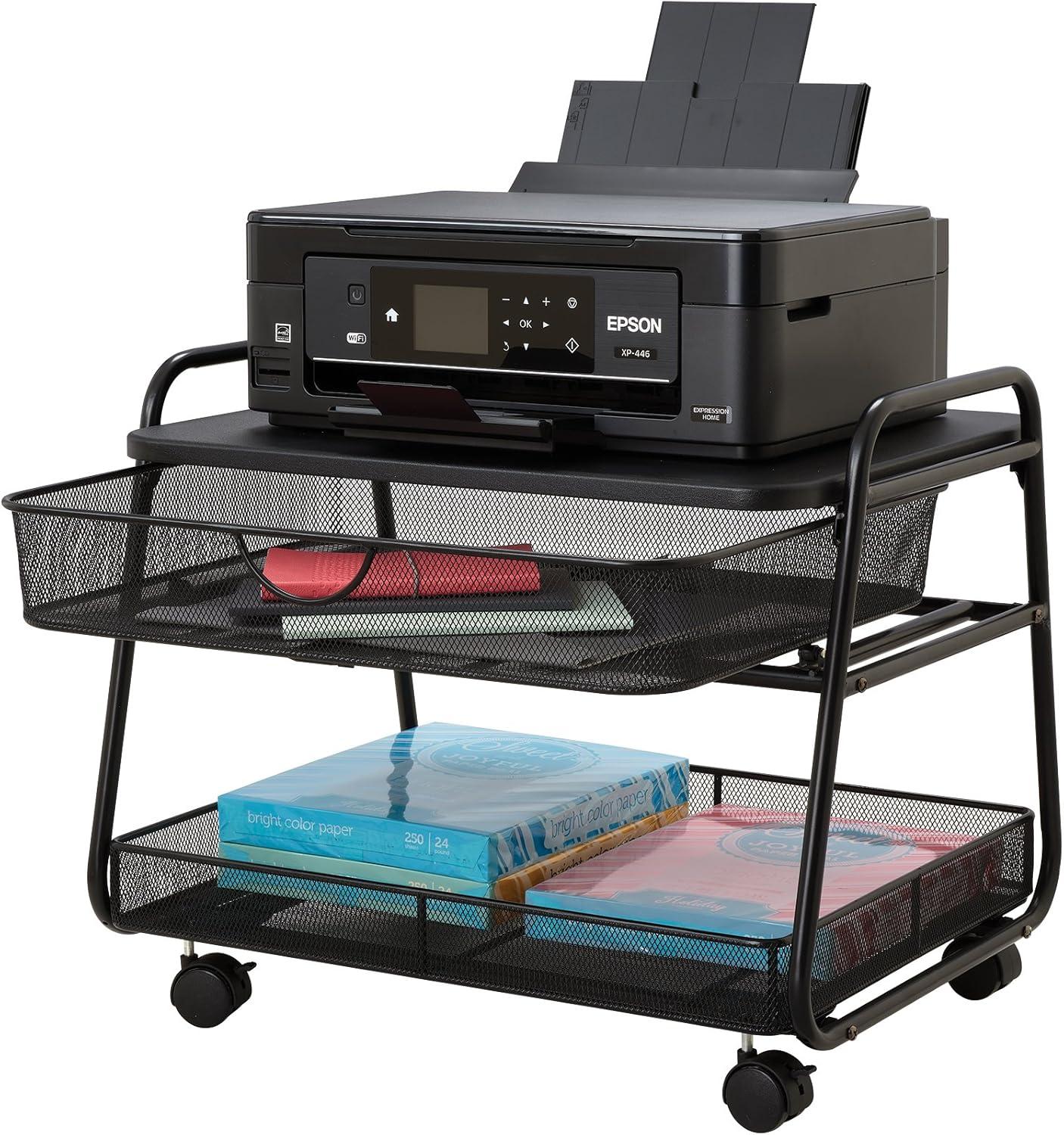 Sleek Black Steel Under-Desk Rolling Stand with Storage Basket & Drawer