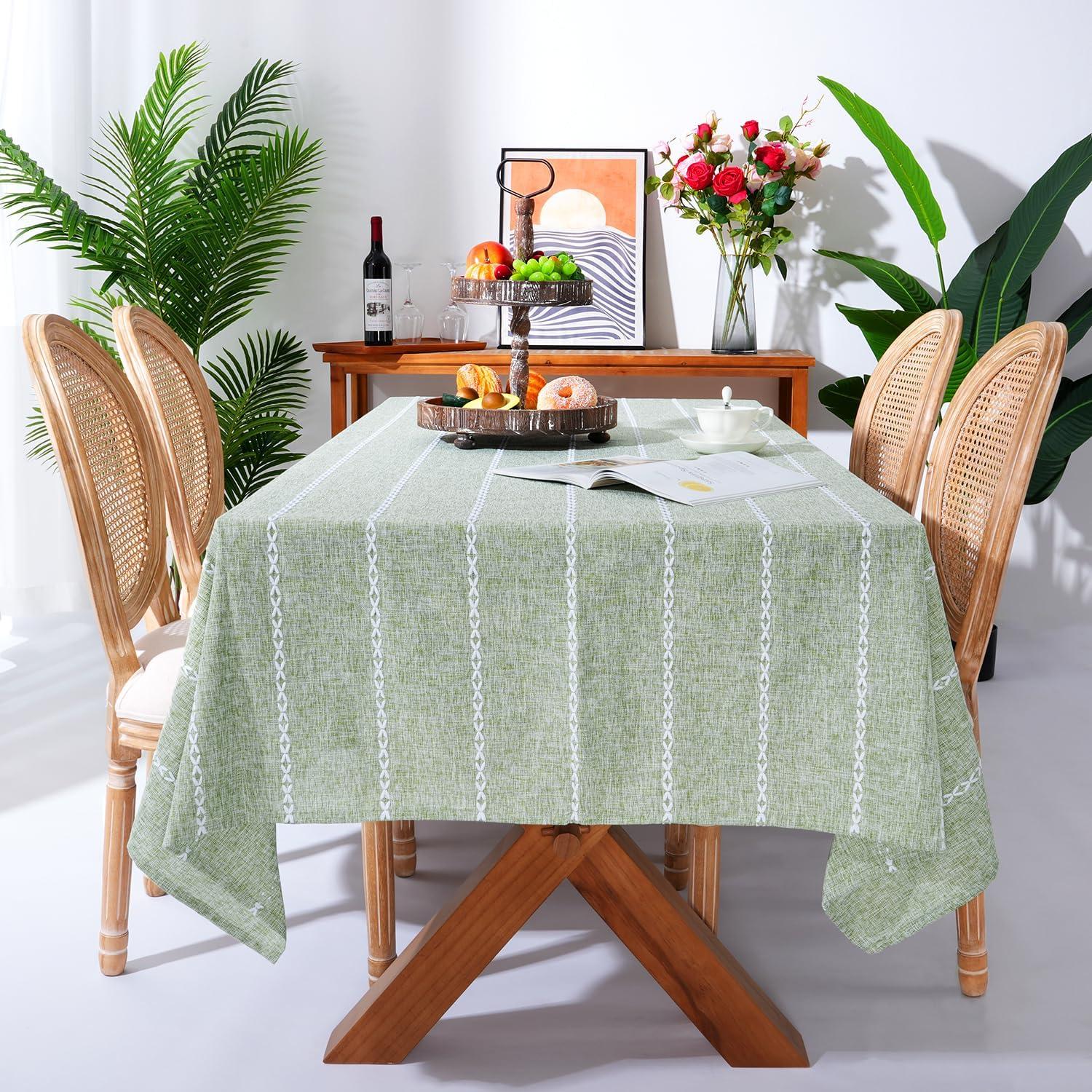 Sage Green Embroidered Cotton Linen Rectangular Tablecloth