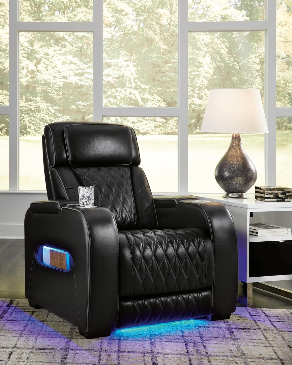 Black Leather Power Recliner with Diamond Stitching