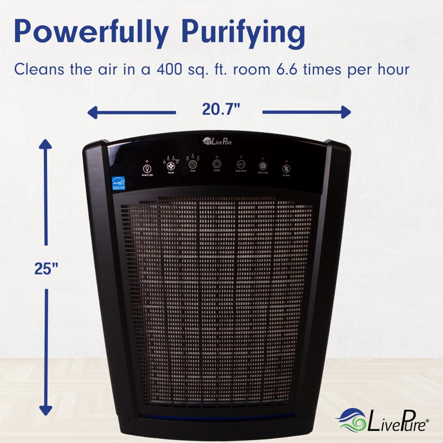 LivePure LP550 Air Purifiers for Home Large Room and Bedroom. True HEPA Air Purifier for Pets, Odors, Allergens, Smoke, Dust, VOC's. 4 Fan Speeds,