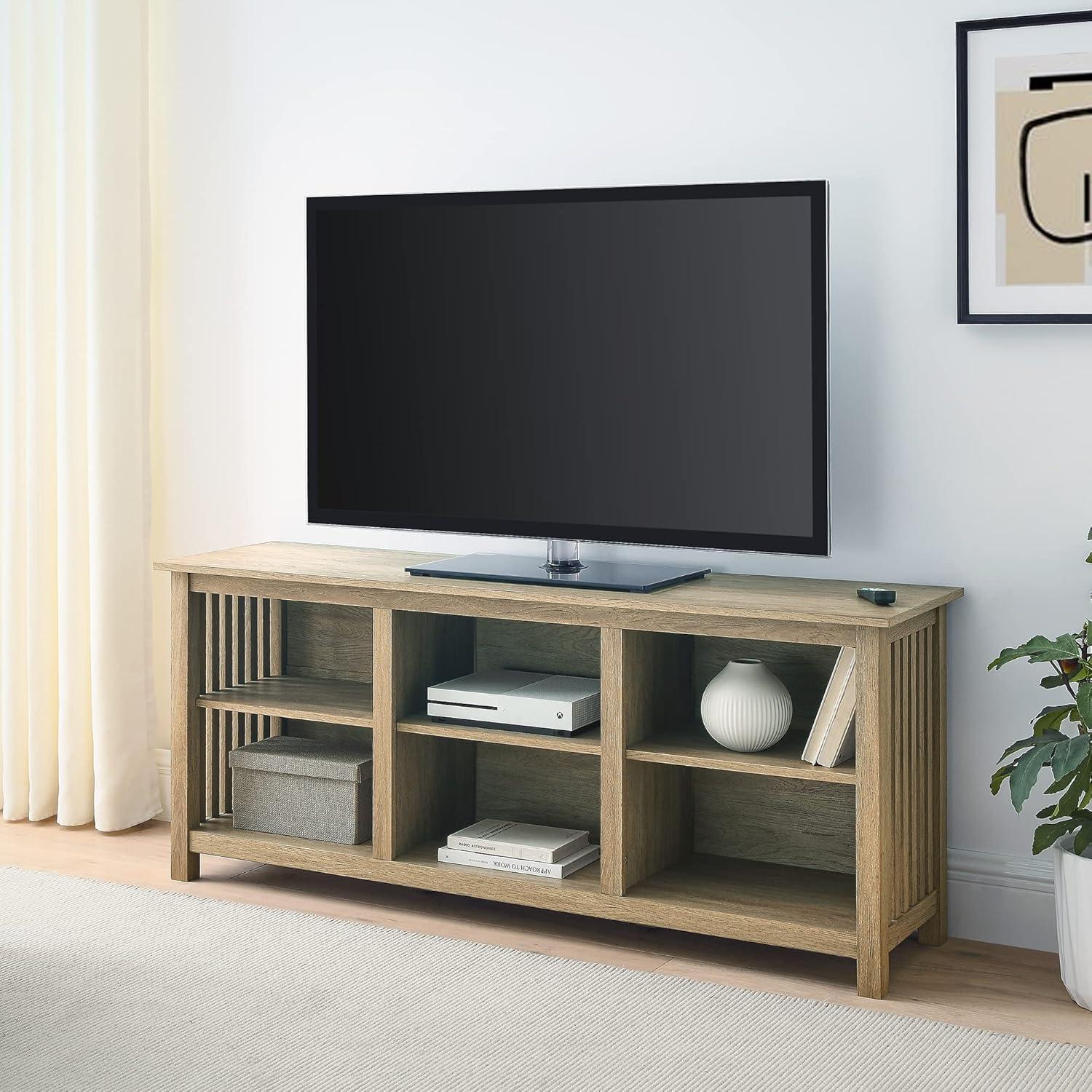 Driftwood Slatted Side TV Stand with Open Cubbies