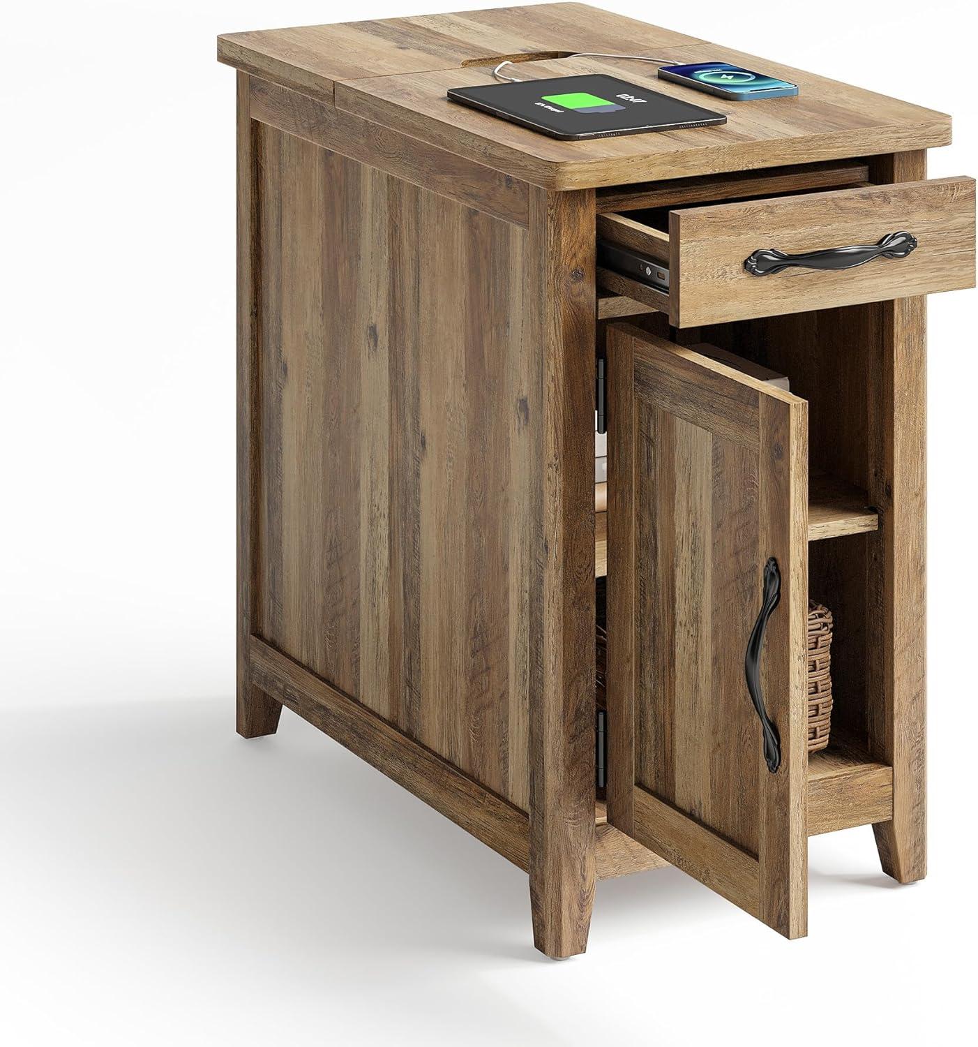 Farmhouse Brown Wood End Table with Charging Station and Drawer